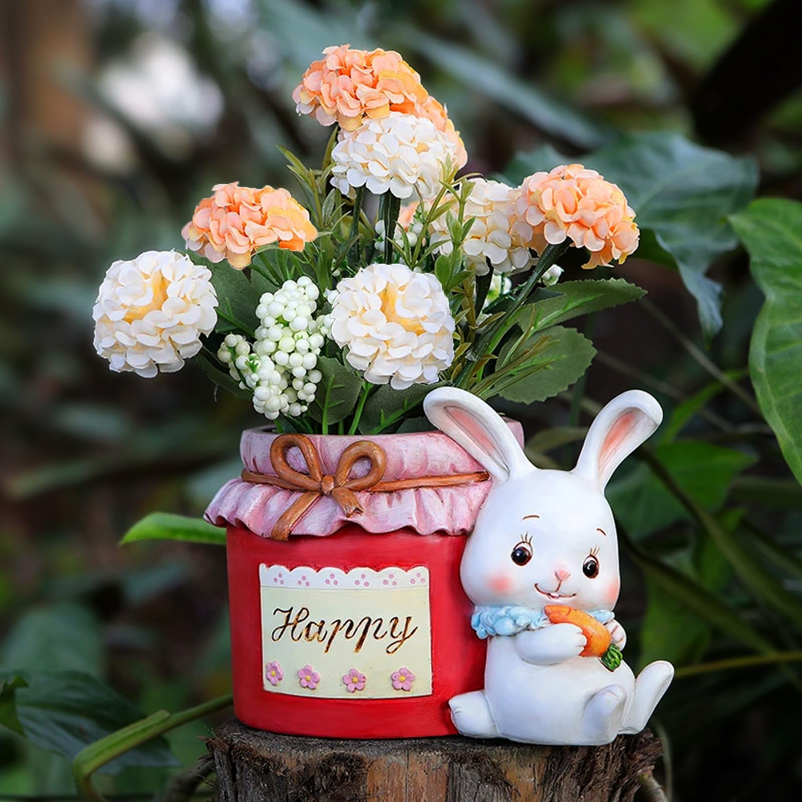 Red Resin Bunny Flower Pot with Drainage Hole - Easter Spring Rabbit Planter for Succulents, Patio Balcony Home Decor, Unique Gardening Gift for Women Mom Grandma