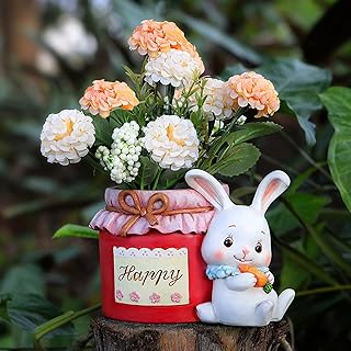 Red Resin Bunny Flower Pot with Drainage Hole - Easter Spring Rabbit Pla...