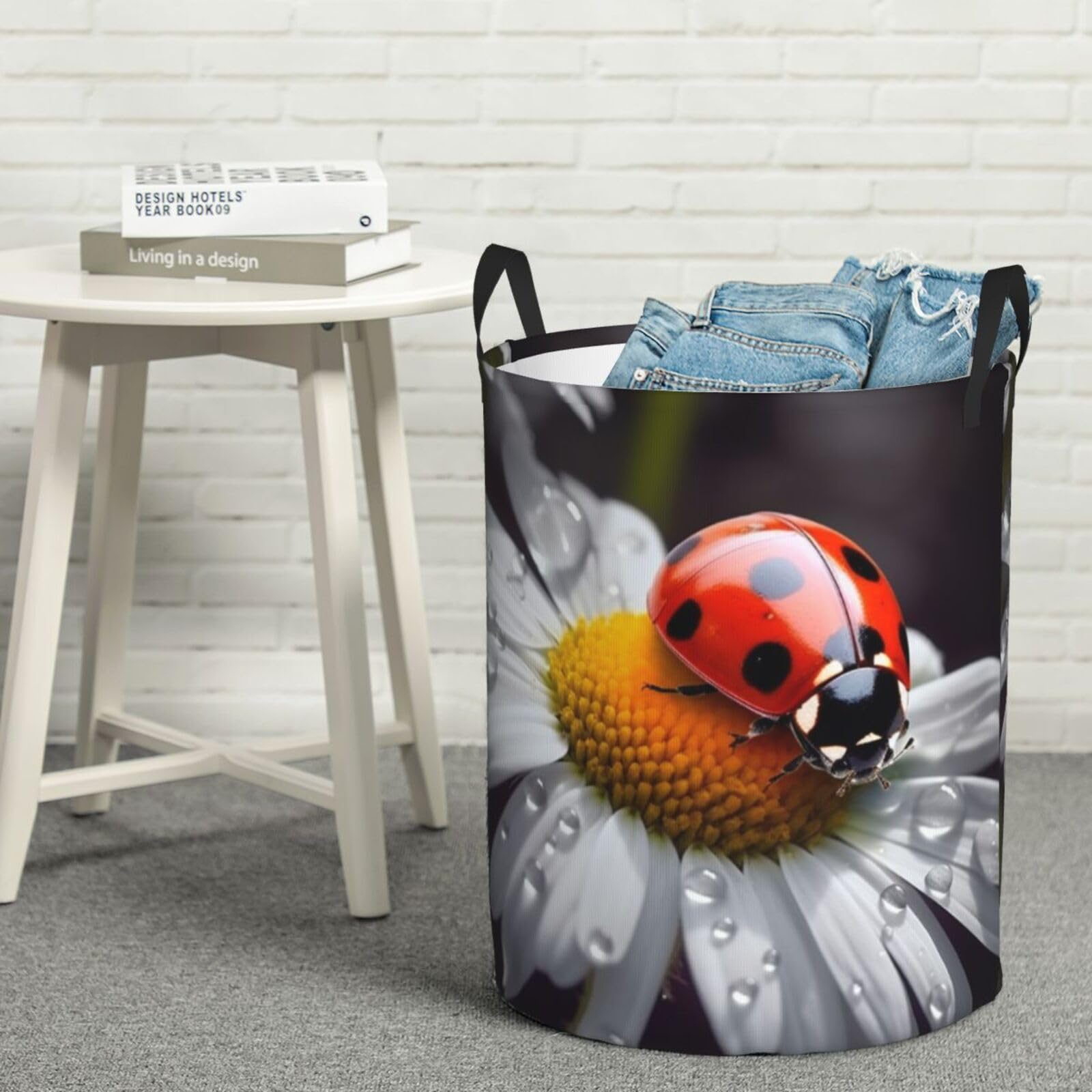 Fodpand Black Ladybug On Daisy Flower Laundry Basket With Handle, Freestanding Laundry Hamper, Collapsible Dirty Clothes Hamper, Waterproof Fabric Blanket Storage Basket Tall Toy Storage Bin Room Decor Medium