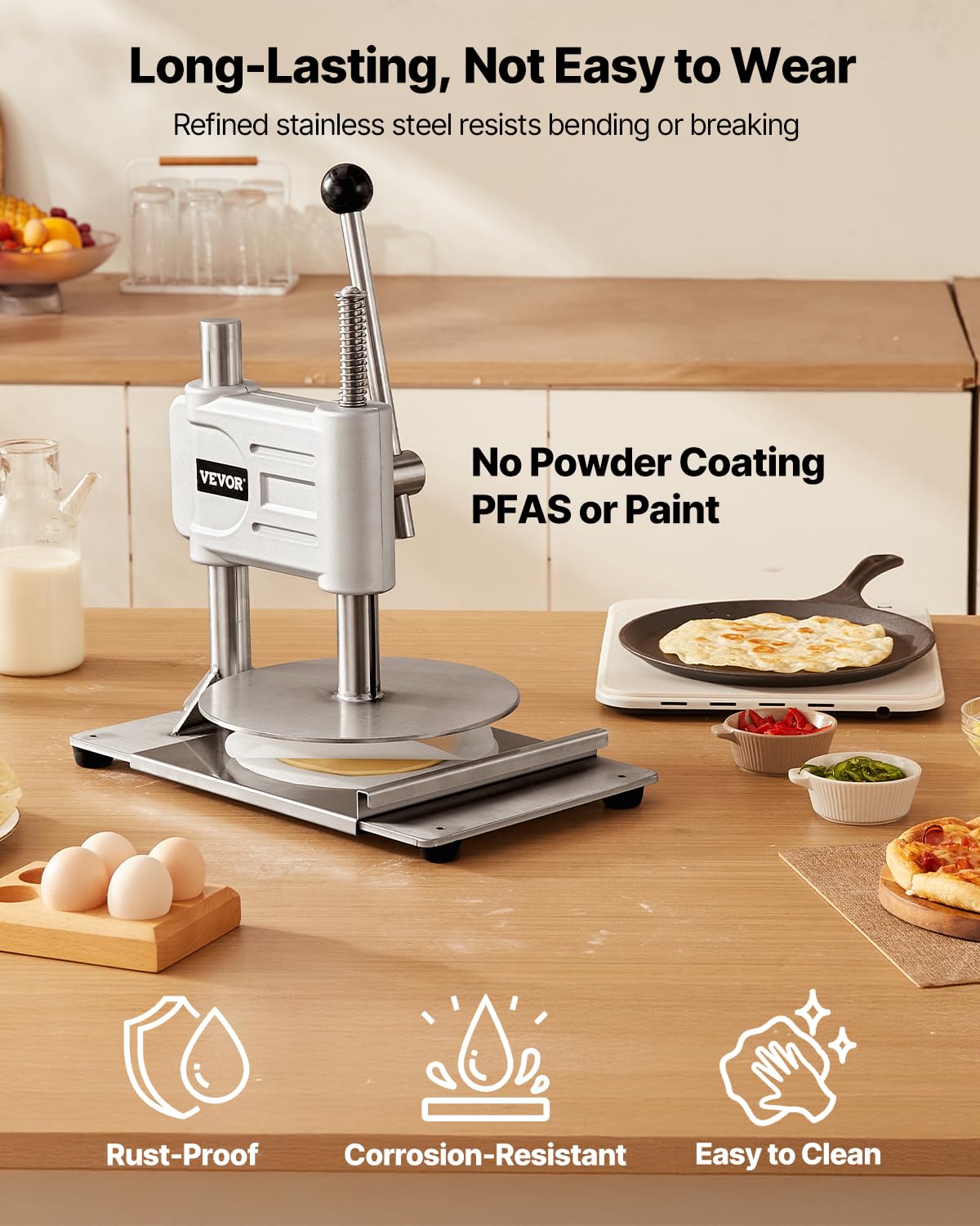 VEVOR Macchina per Pressatura Manuale della Pasta per Pizza, Piastra per Pressatura della Pasta per Pizza in Acciaio Inossidabile, Macchina Formatrice con Maniglia e 100 Fogli di Carta da Forno