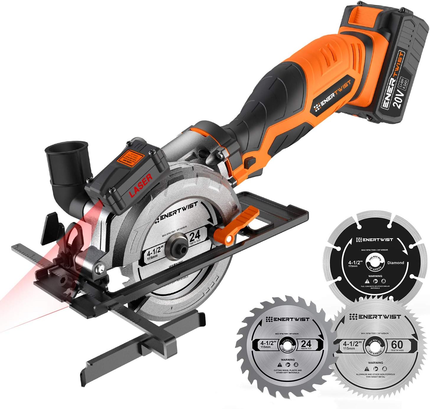 EnerTwist 20V Max 4-1/2" Cordless Circular Saw with 4.0Ah Lithium Battery and Charger, Includes Laser & Parallel Guide, Wood Plastic Soft-metal Multifunction Cutting Blades, Vacuum Adaptor, ET-CS-20C…