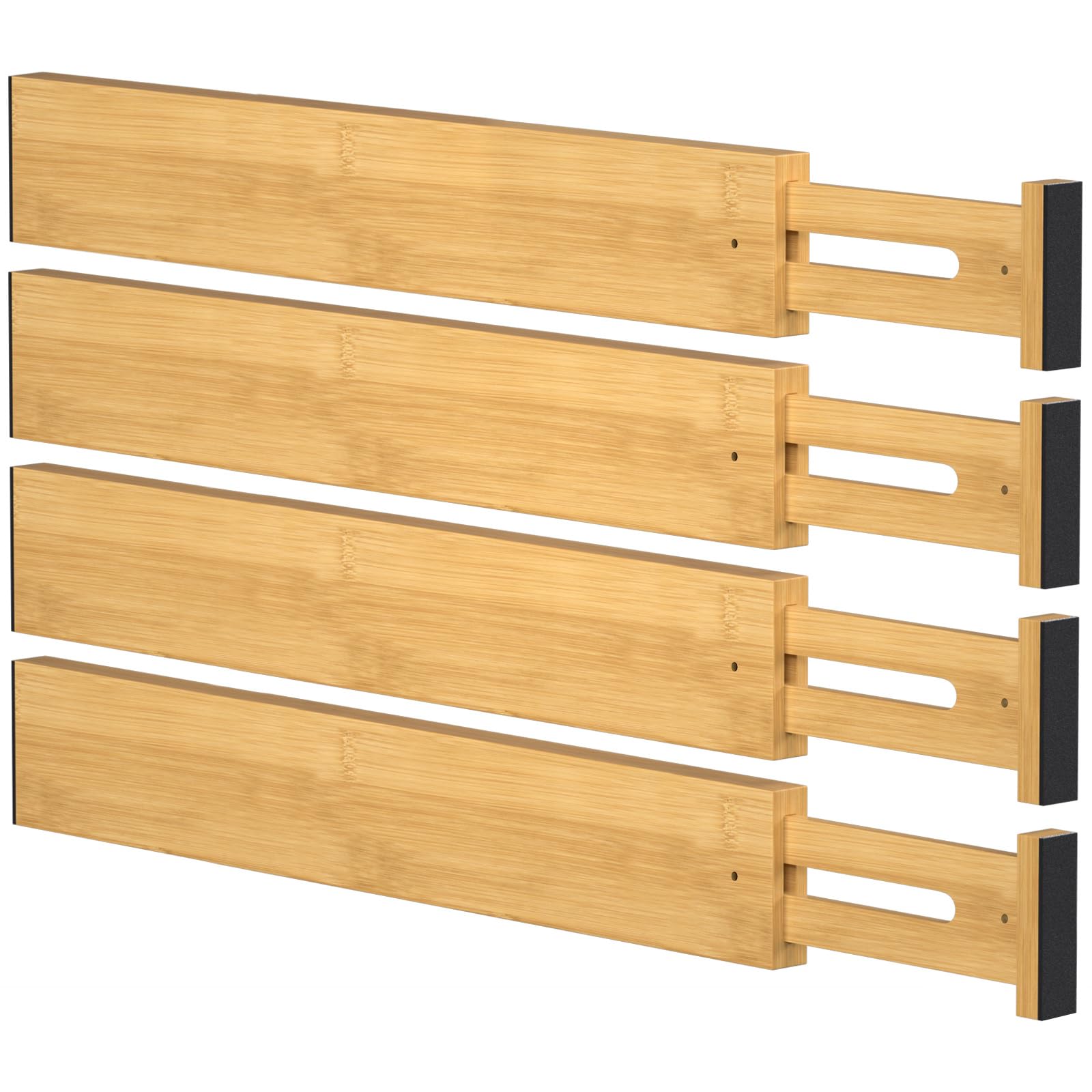 Bambus-Schubladenteiler, verstellbarer Küchen-Schubladen-Organizer für Kleidung (43–56 cm), 4er-Pack ausziehbare Schubladenteiler für Schlafzimmer, Badezimmer, Kommode und Büro, Natur