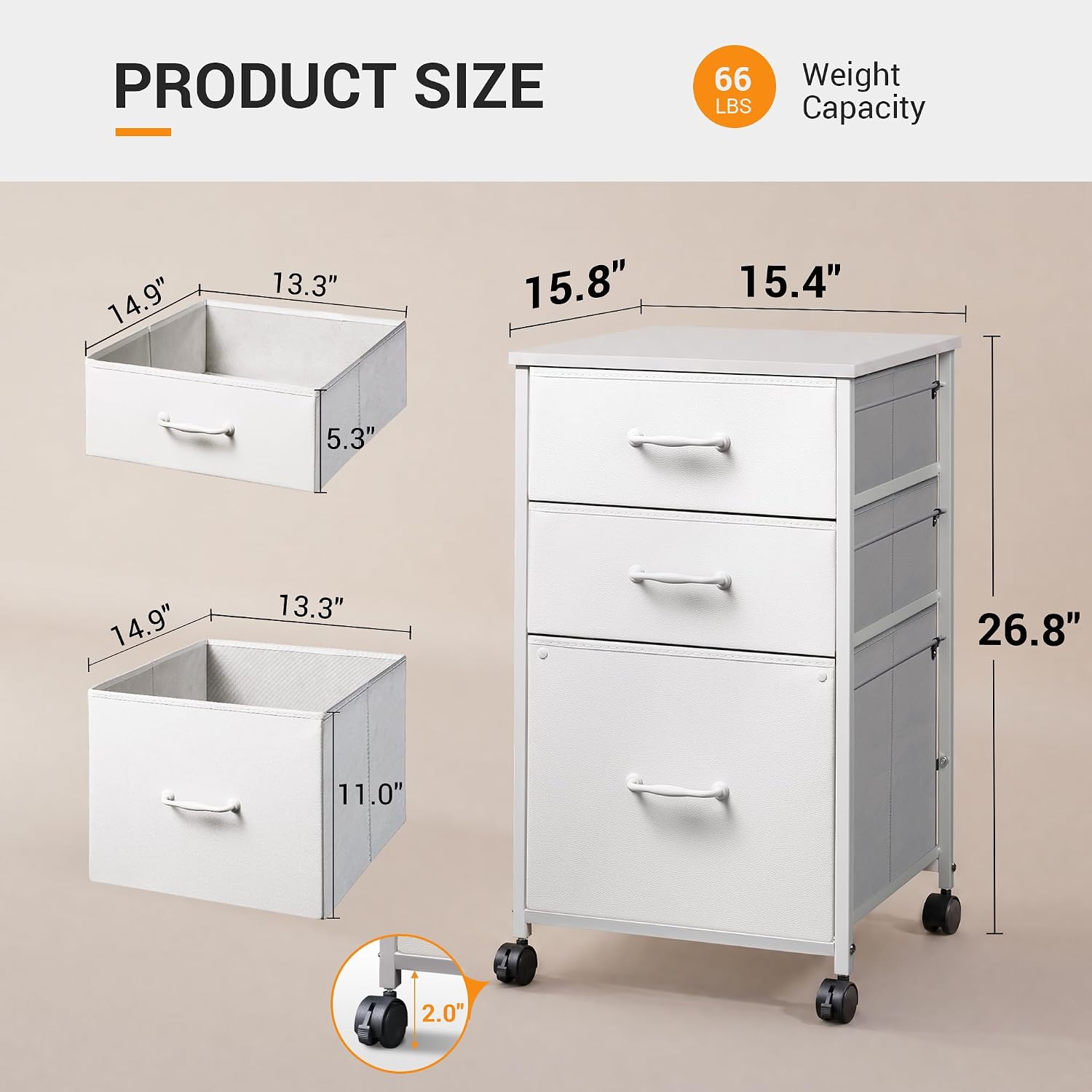 DEVAISE Mobile File Cabinet, Rolling Printer Stand with 3 Drawers, Fabric Vertical Filing Cabinet fits A4 or Letter Size for Home Office, White image 3