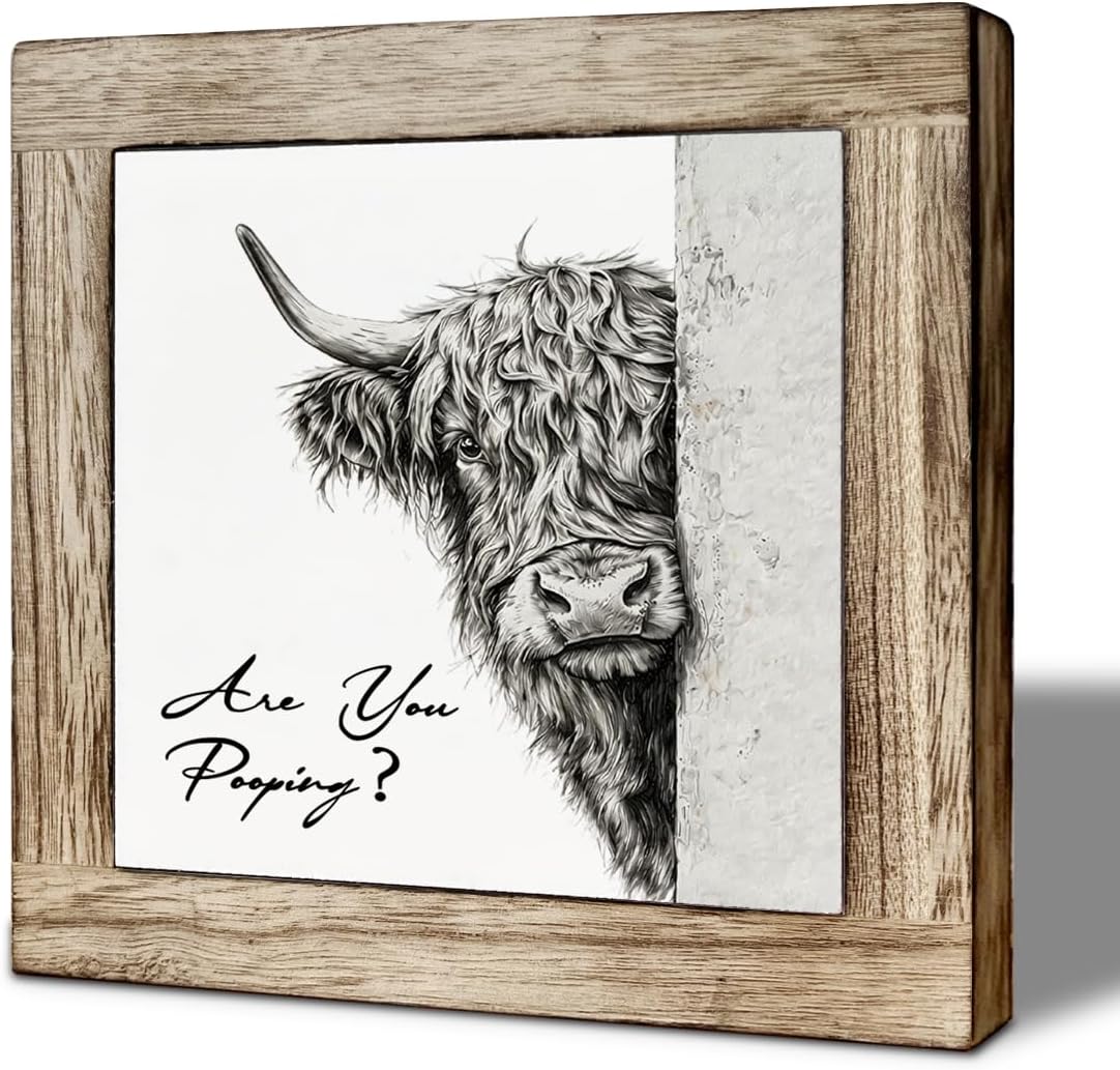 Funny Highland Cow Bathroom Wooden Block Sign, Are You Pooping Quote Humorous Decor for Restroom Powder Room Shelf Accessories, 5.9x5.9 Inch