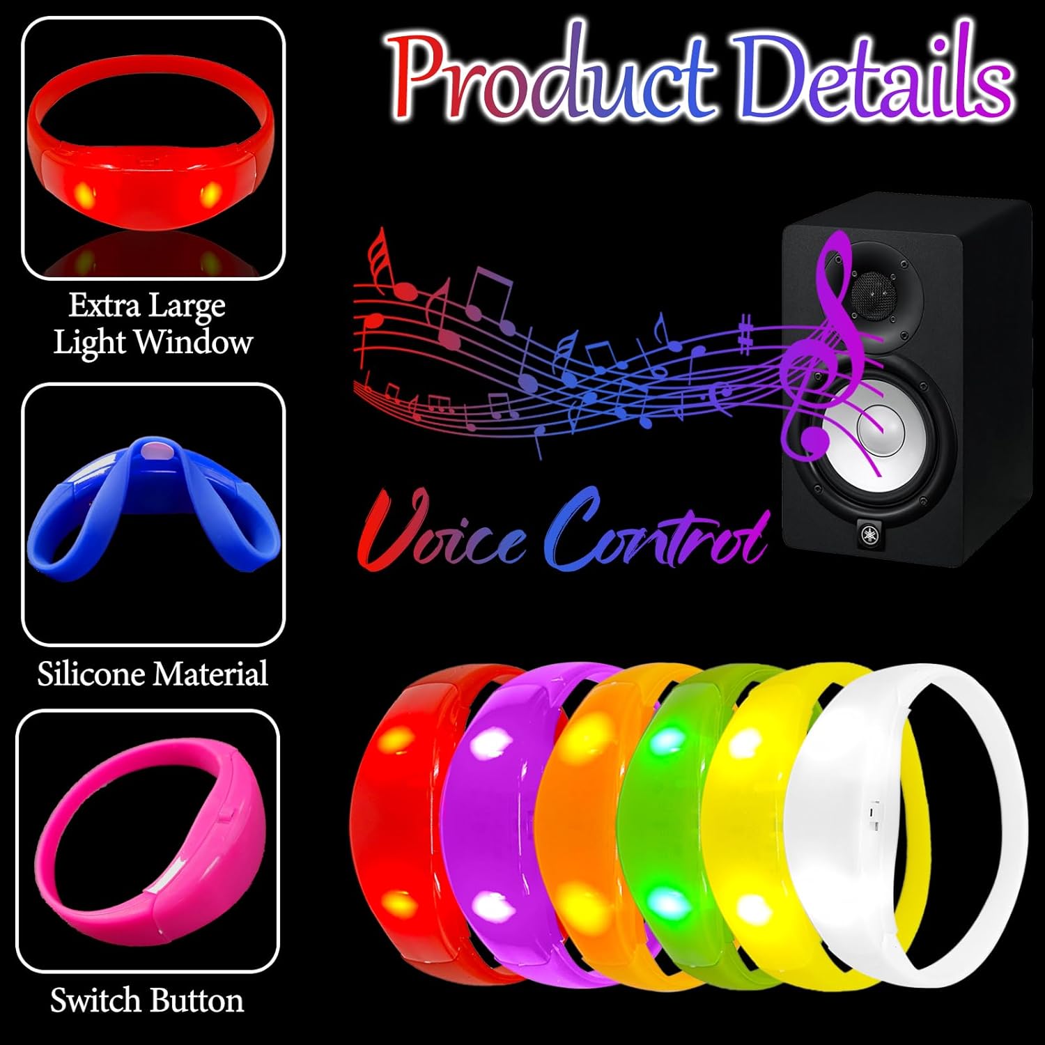 100 Pcs Sound Activated LED Bracelets for Adults Party Light Up Bracelets Wedding LED Bracelet Neon Glow in the Dark Party Favors for Concert (red,yellow,blue,green,orange,white,purple,hot pink) - Image 3