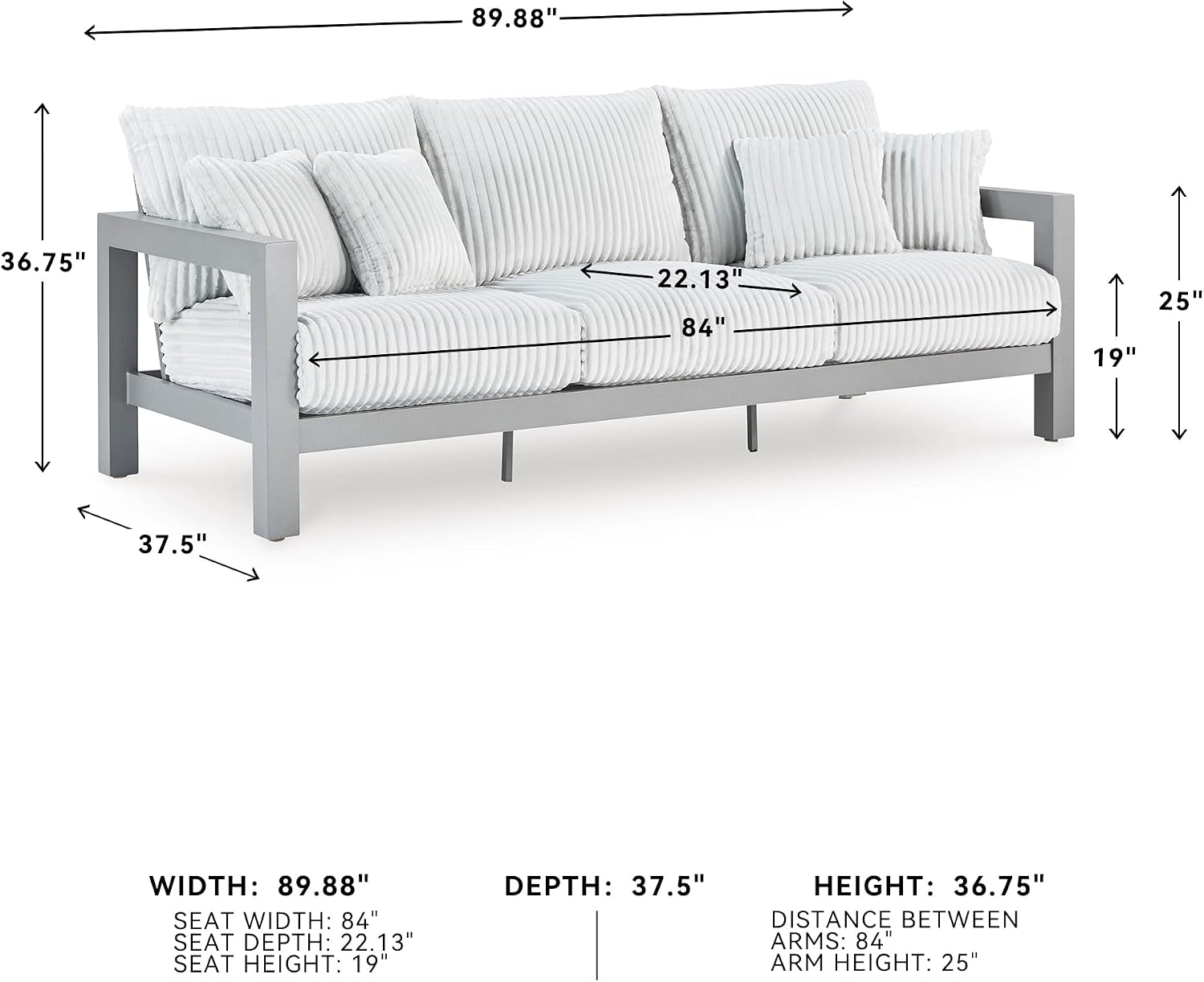 Signature Design by Ashley Moonlight View Contemporary Outdoor Nuvella Weather Resistant Fabric Sofa with Cushion and 4 Throw Pillows, White & Light Gray
