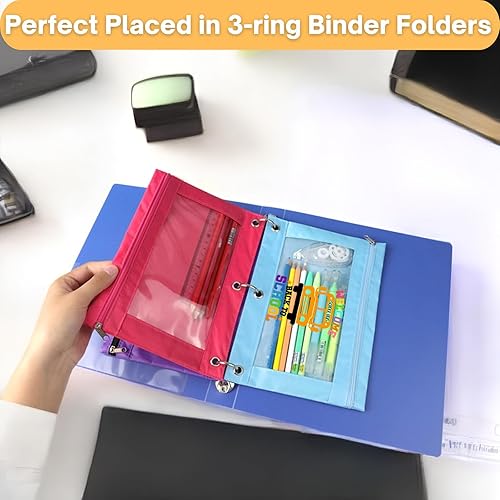 Miniatura 10 de Estuche para lápices con 3 anillas, con cremallera, estuche para cosméticos, color negro, paquete de 2