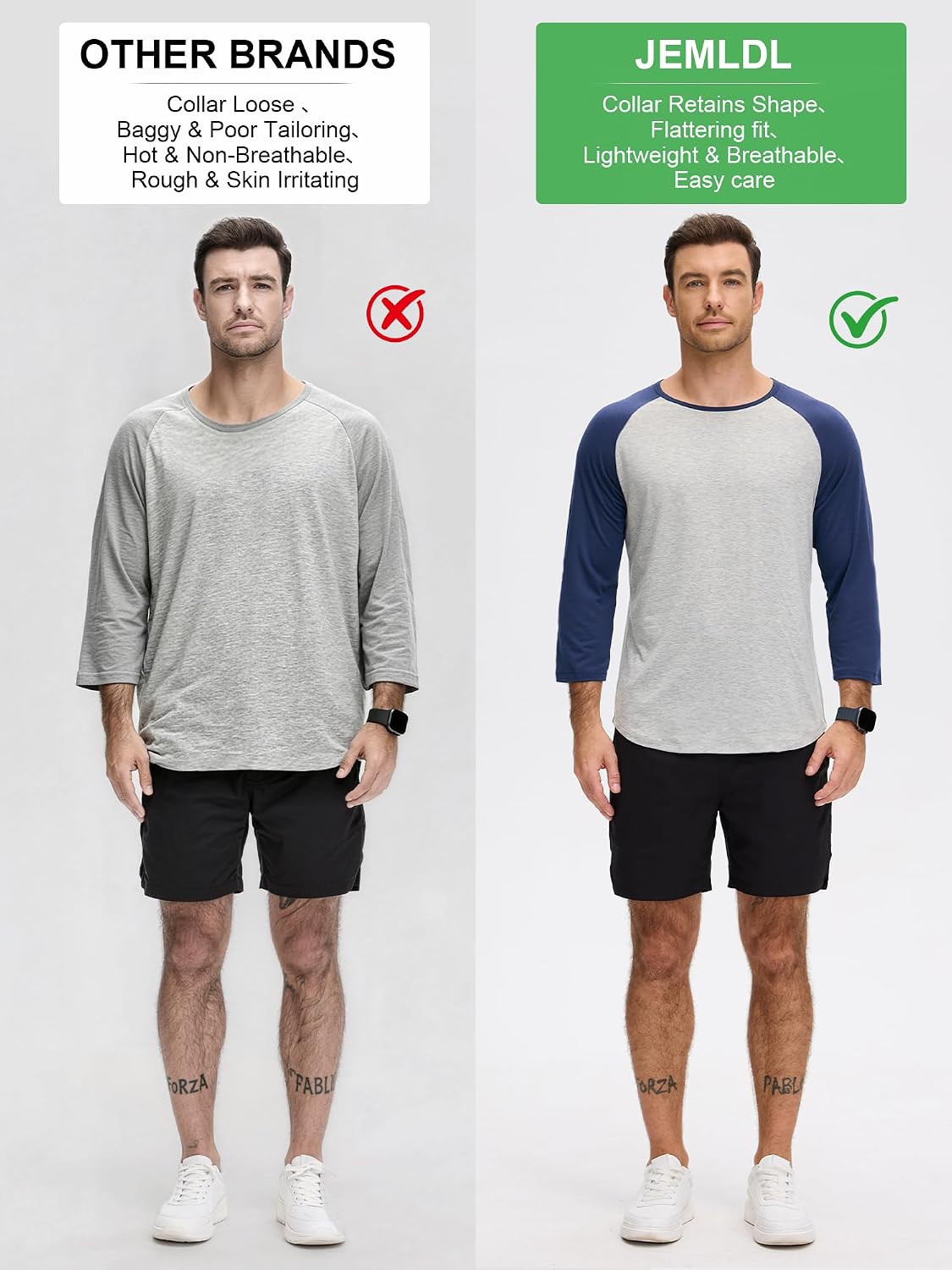 JEMLDL Men's 3/4 Sleeve Shirts Crew Neck Baseball T Shirts Casual Moisture Wicking Athletic Raglan Tops