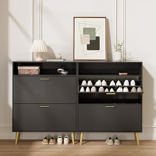 Miniatura 3 de LYNSOM Juego de 2 zapateros, organizador de zapatos con 2 cajones abatibles, moderno almacenamiento de zapatos de entrada con pantalla superior,