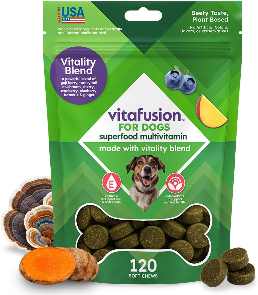 VitaFusion for Dogs Superfood Multivitamin – Daily Immune, Skin & Bone Support with Vitamins A, D & E + Antioxidant Superfoods – Vet Formulated Wellness for Puppies to Senior Dogs, 120 Chews.