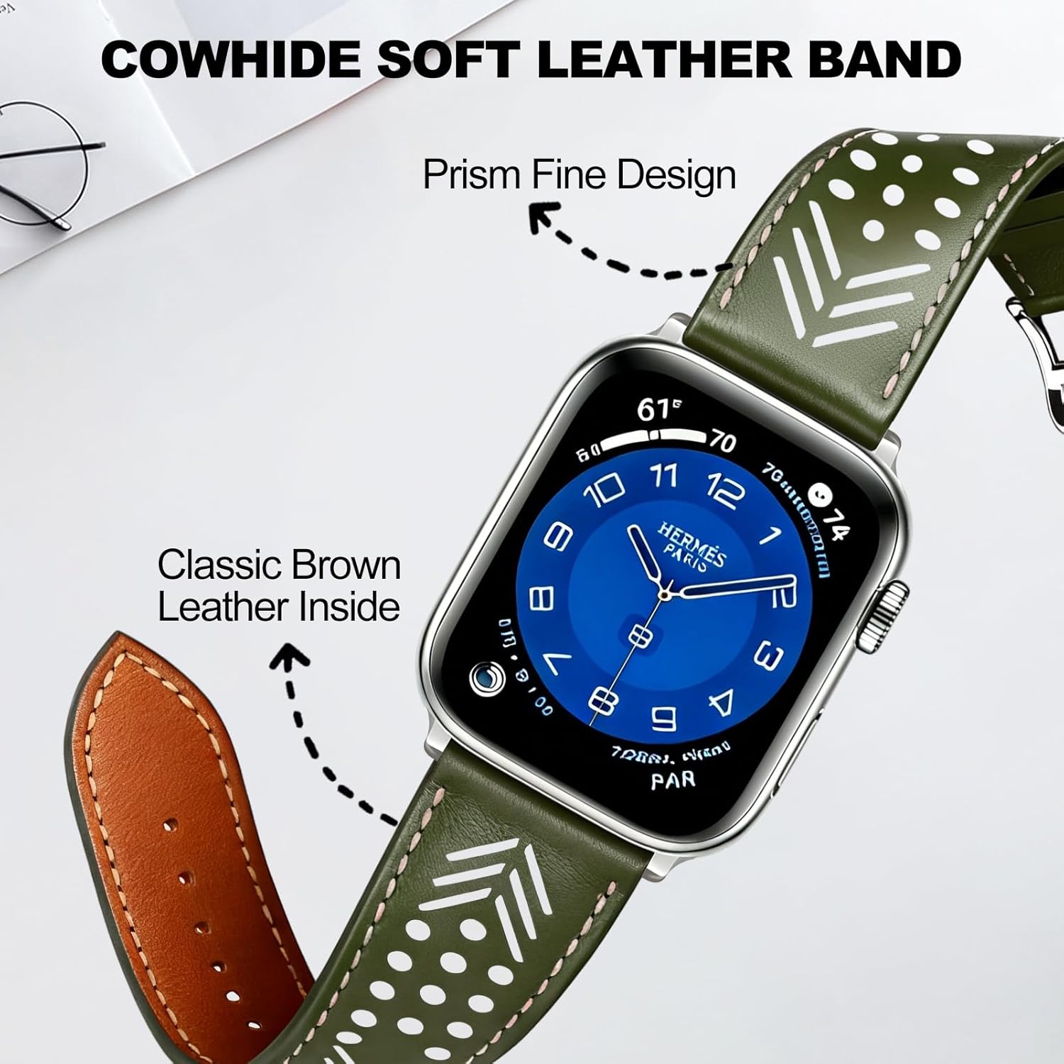 Hollow-out Handmade Top Grain Leather Band for Apple Watch Women Men, Breathable Lightweight Soft Strap Compatible with Series 11/10/9/8/7/6/5/4/SE SE2 Ultra 38/40/41/42/44/45/49mm - Image 3
