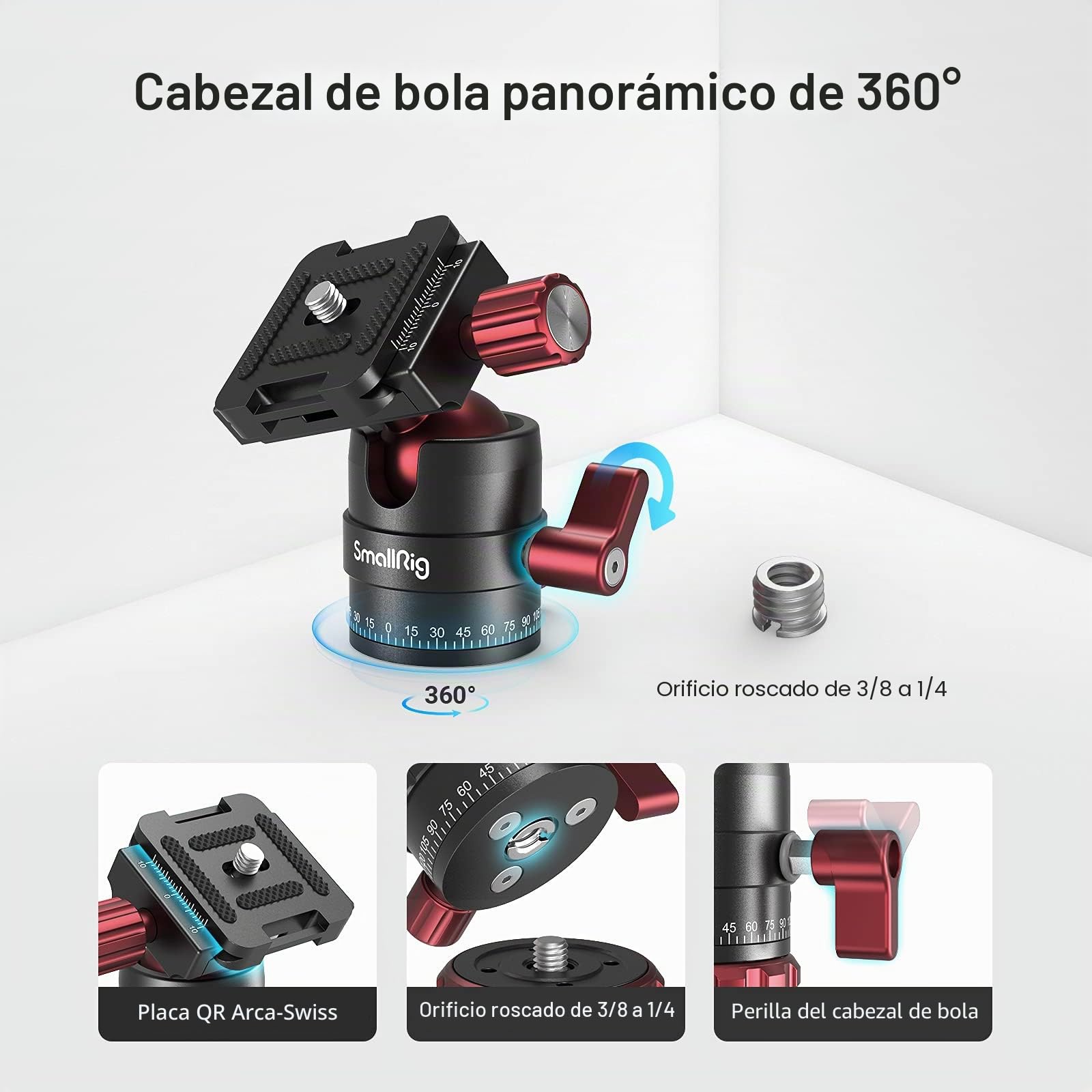 SMALLRIG Rótula de Bola de Trípode, Rótula de Bola Panorámica Giratoria de 360 Grados con Placa de Zapata Rápida de 1/4'', Carga Máxima de hasta 5kg / 11lb, para Videocámara de Cámara DSLR - 3034