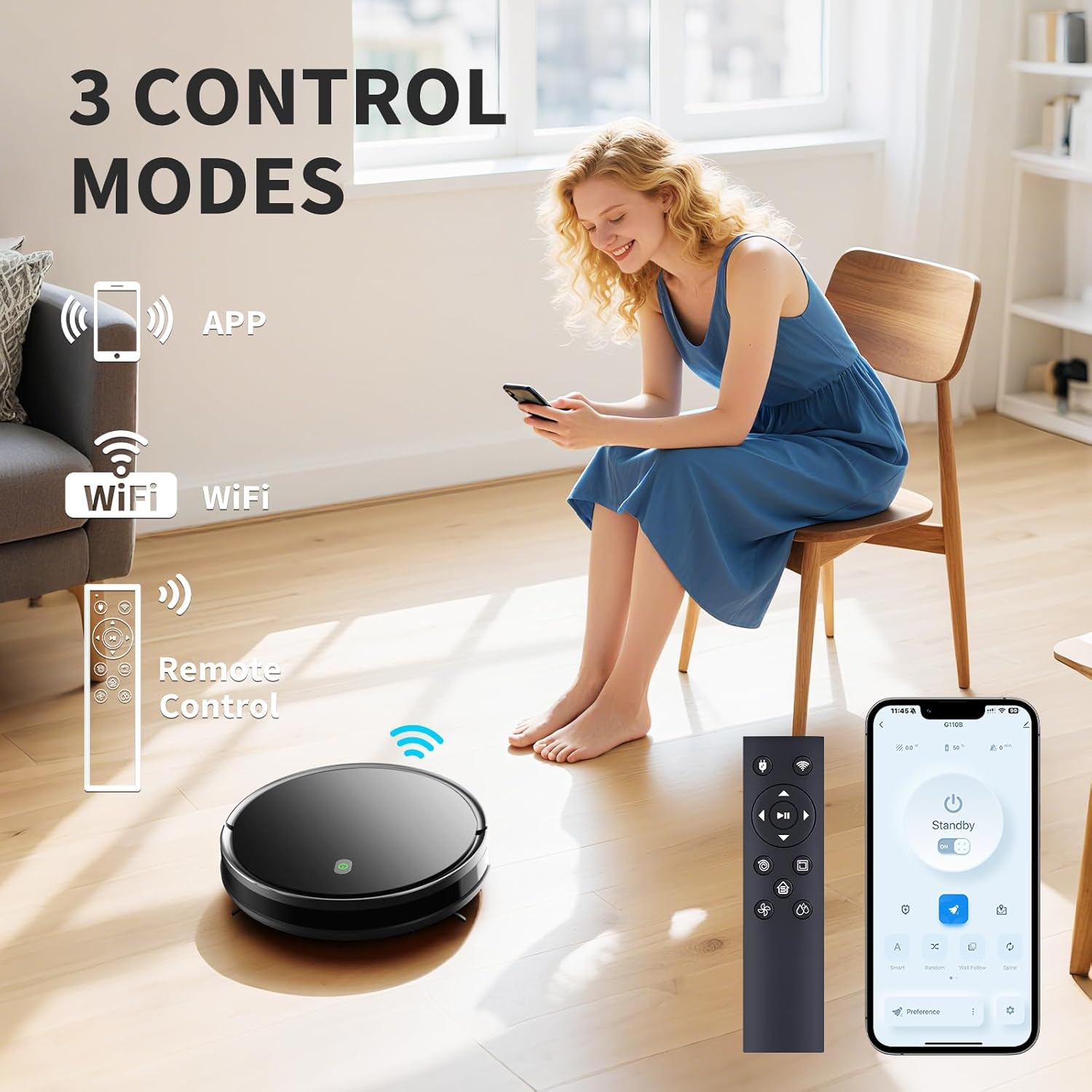 Robot Vacuum, 2400 Pa Robotic Vacuum Cleaner, 120 Min Max, Super Thin, Quiet, App & Remote Control, Ideal for Hard Floor, Carpet, Hair, Self-Charge(G100)