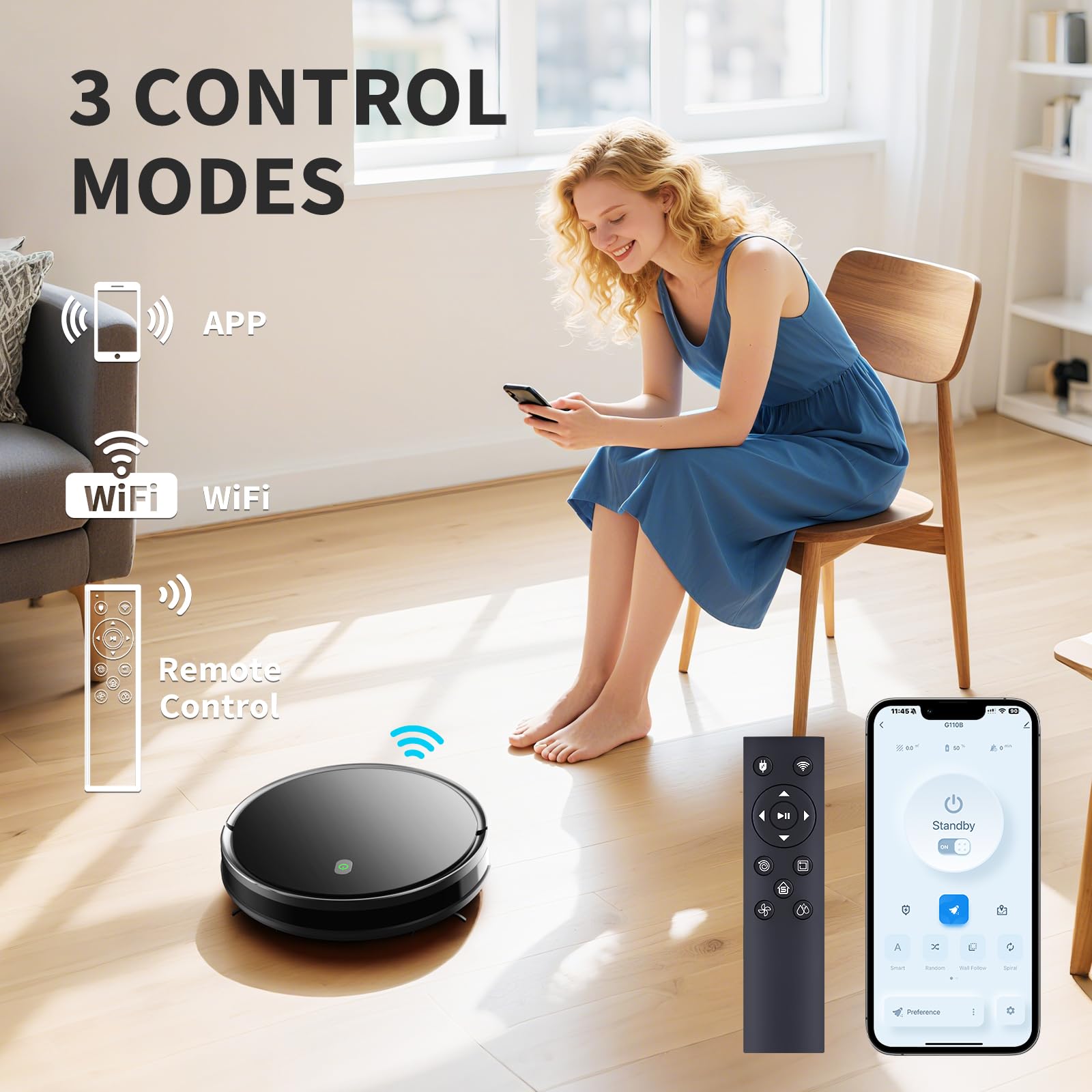 Aspiradora robótica, 2400 Pa, 120 minutos máximo, súper delgada, silenciosa, con aplicación y control remoto, ideal para suelos duros, alfombras, cabello, carga automática (G100) 7