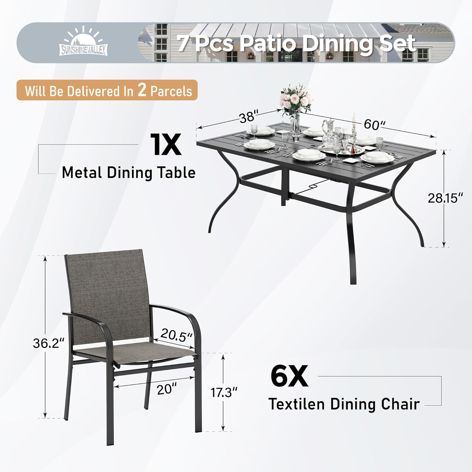 SUNSHINE VALLEY 7 Piece Patio Dining Set for 6, Rectangular Metal Table with Umbrella Hole, 6 Brown Dining Chairs, Outdoor Table and Chairs Set for Lawn Backyard and Deck