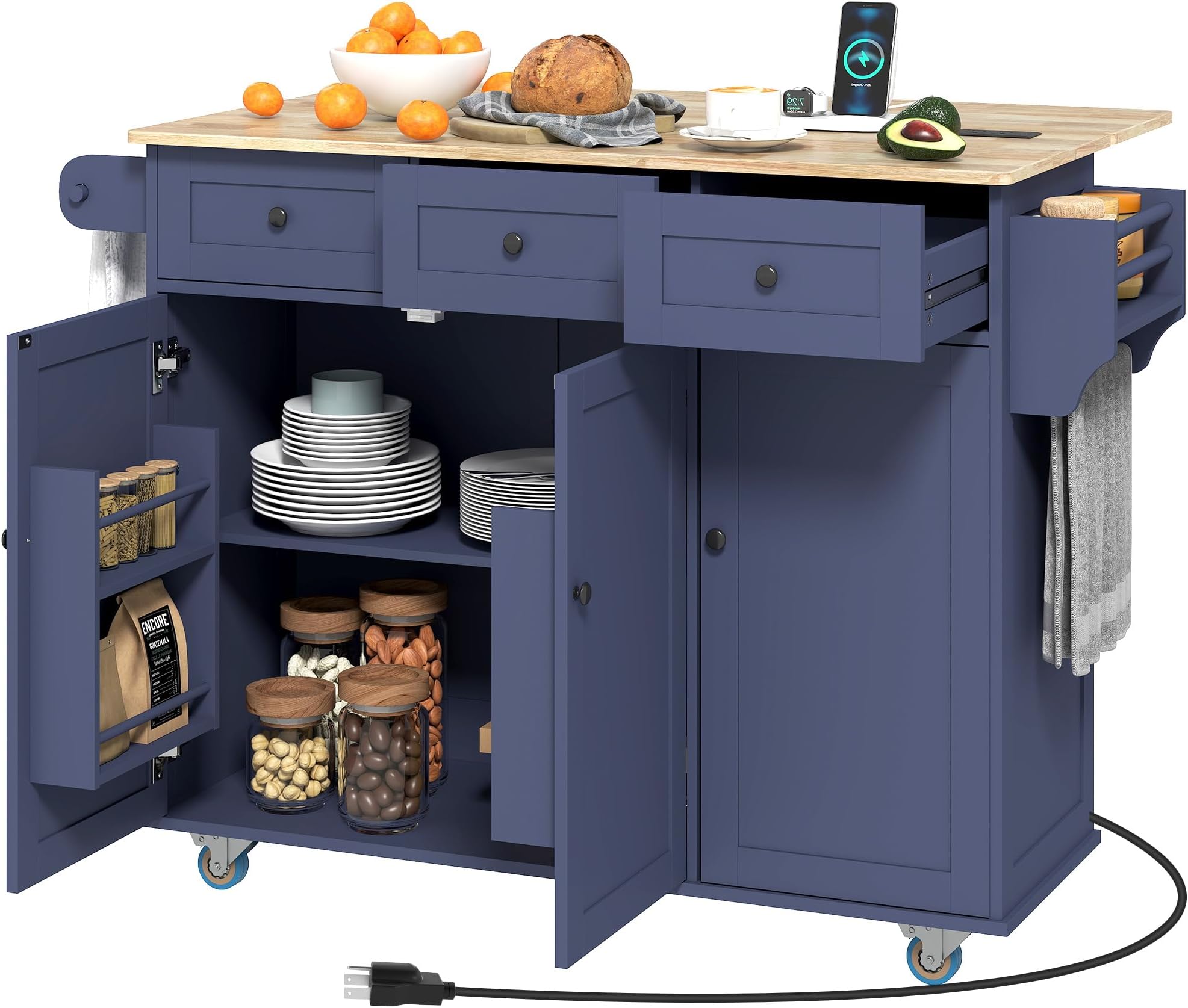 HOMCOM Rolling Kitchen Island with Power Outlet and Drop Leaf, 53" Island Table with Wood Top, 3 Drawers, Adjustable Shelf, Spice & Towel Rack, Kitchen Cart on Wheels, Dark Blue