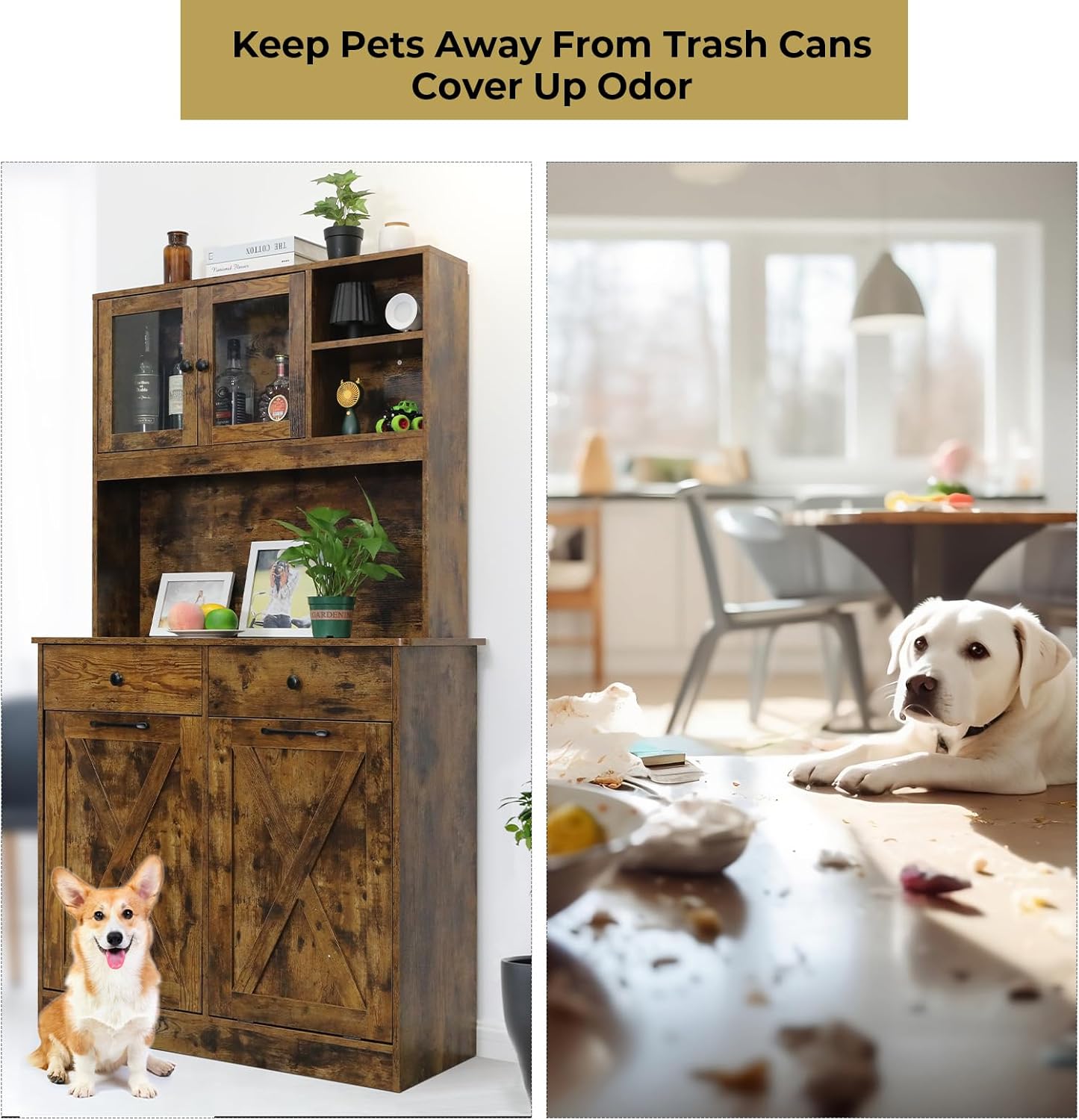 Arlopu Dual Tilt Out Trash&Storage Cabinet, Kitchen Sideboard Cupboard W/Pet Proof 10X2 Gal Hidden Garbage Holder, Freestand Laundry Sort Cabinet, W/Drawer, Shelves,Barn Door (Vintage Wood)