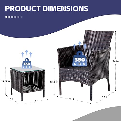 Miniatura 6 de Juego de muebles de porche para patio, 3 piezas, sillas de mimbre de ratán con mesa, juegos de muebles de jardín al aire libre, juegos de