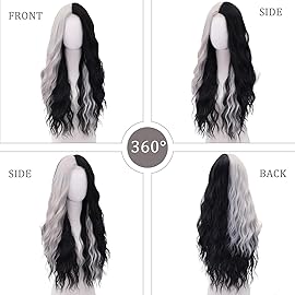 WECAN Black and White Wig-Long White and Black Wigs for Women Natural Wavy Synthetic Wig Heat Resistant Fiber Wigs for Daily Party Halloween Cosplay