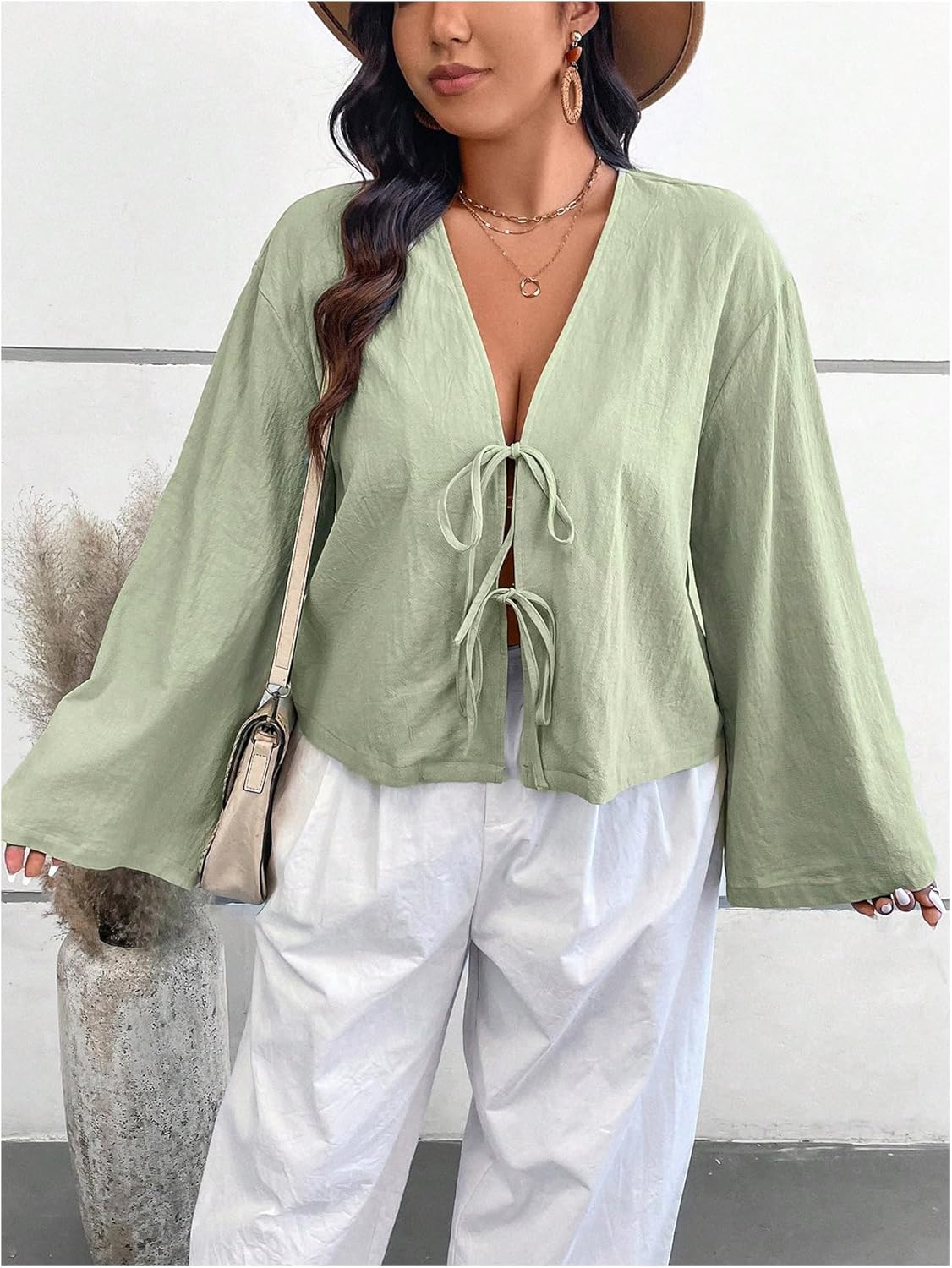 SHENHE Women's Plus Size Bow Tie Front Top V Neck Bell Long Sleeve Going Out Blouse Shirt Top - Image 5