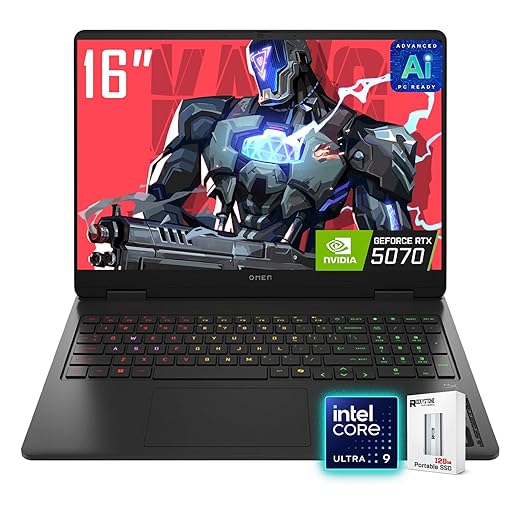HP OMEN 16 Slim Gaming Laptop, 16” 144Hz 2K Display, Intel Core Ultra 9 285H(>i9 14900), NVIDIA GeForce RTX 5070, AI VR Ready, RGB Backlit Keyboard, Black, Windows 11 Home(16GB DDR5 RAM | 1TB SSD)