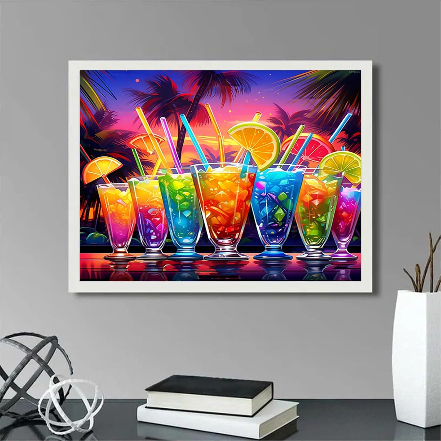 KAYEIUU 5D Drink Diamond Painting Kits for Adults, Watercolor Tropical Cocktails with Fruit DIY Round Diamond Art Kits, Beach Handmade Art, Perfect for Wall Decor and Gifts 12x16 inch