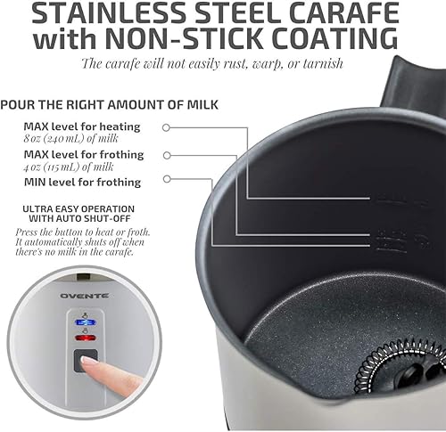 Miniatura 3 de Ovente Espumador de leche eléctrico de acero inoxidable y vaporizador, calentador de leche antiadherente portátil, función de apagado automático,