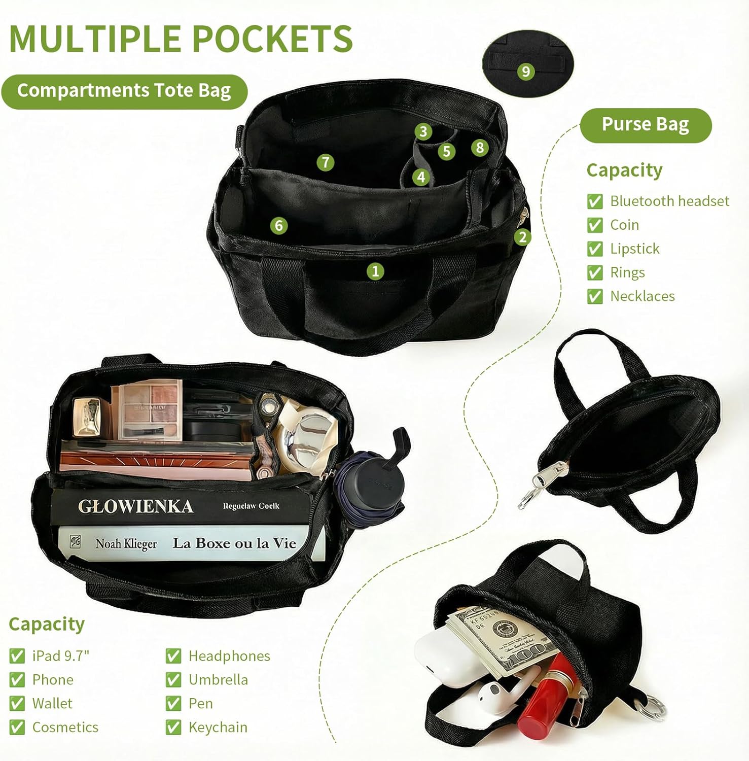 Small Canvas Tote Bag with Multi Pockets, Crossbody Shoulder Bag with Compartments and Zipper, Lightweight Adjustable Tote - Image 3