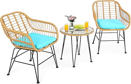 KOTEK Juego de 3 piezas de patio bistró, juego de conversación de ratán para exteriores con mesa de centro de cristal y cojines de asiento, juego de