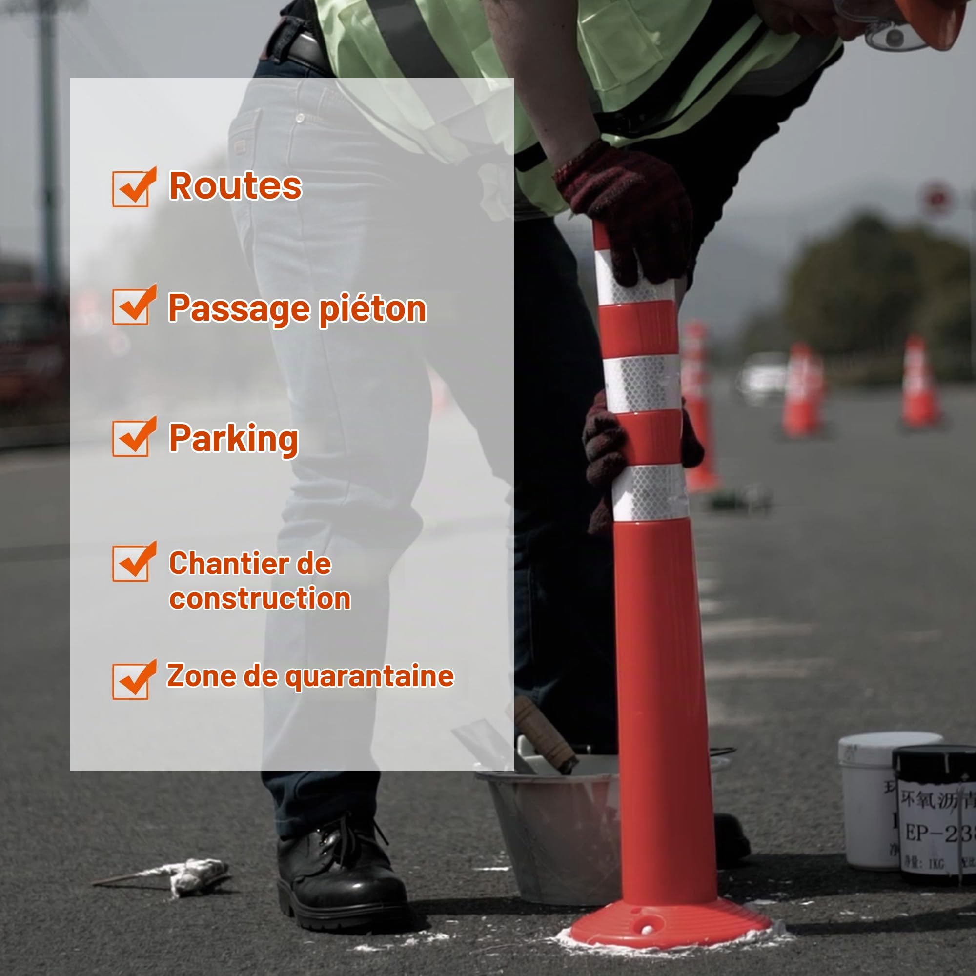 Lot de 4 poteaux de marquage de 75 cm - Portables - Orange - Avec anneaux réfléchissants - Pour la construction de routes, la sécurité du parking et le contrôle de la circulation