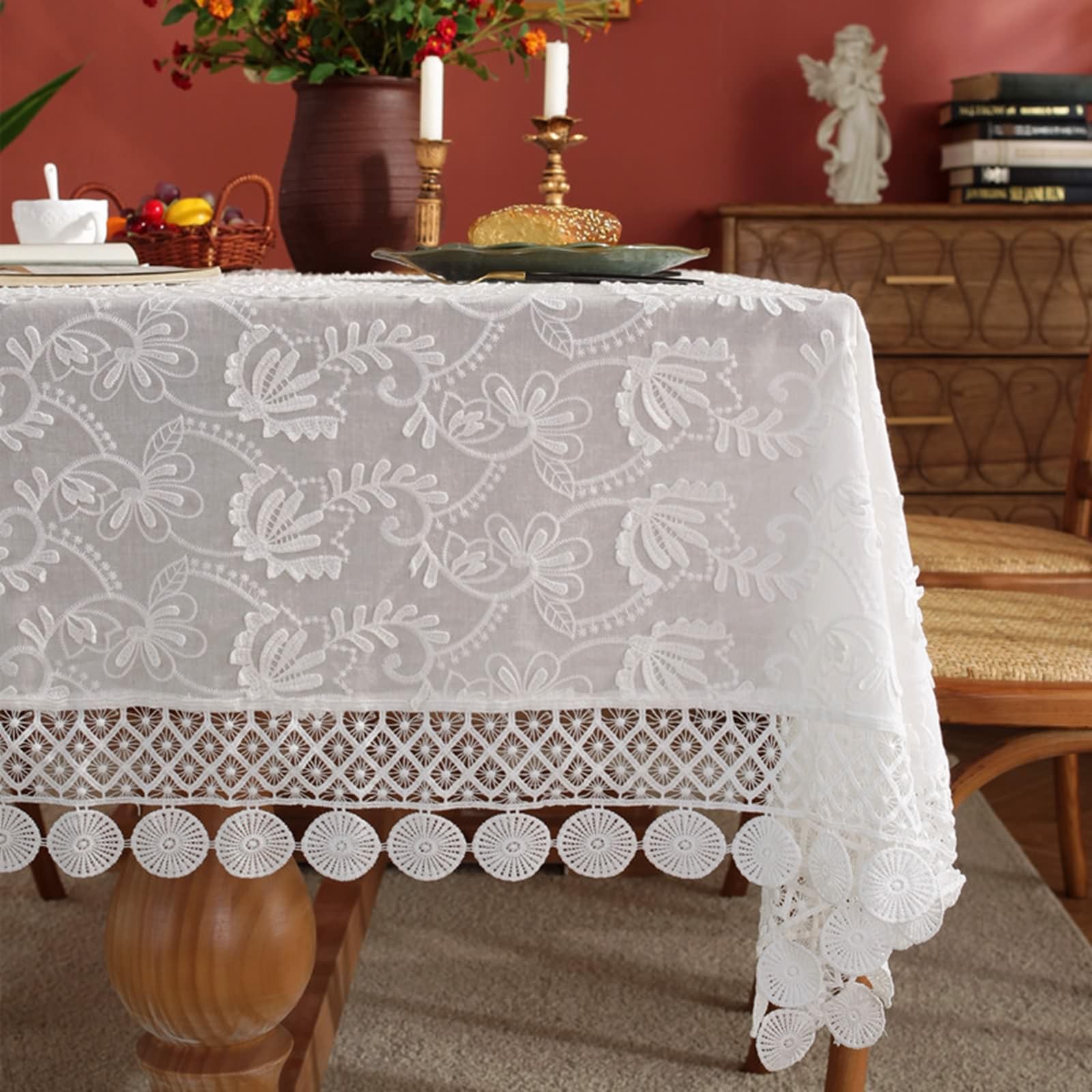 Daesar Mantel para Mesa de Centro Rectangular,Manteles Mesa Algodón Bordado de Flores con Encaje Manteles de Mesa Blanco,150x260CM(102x59Inch)