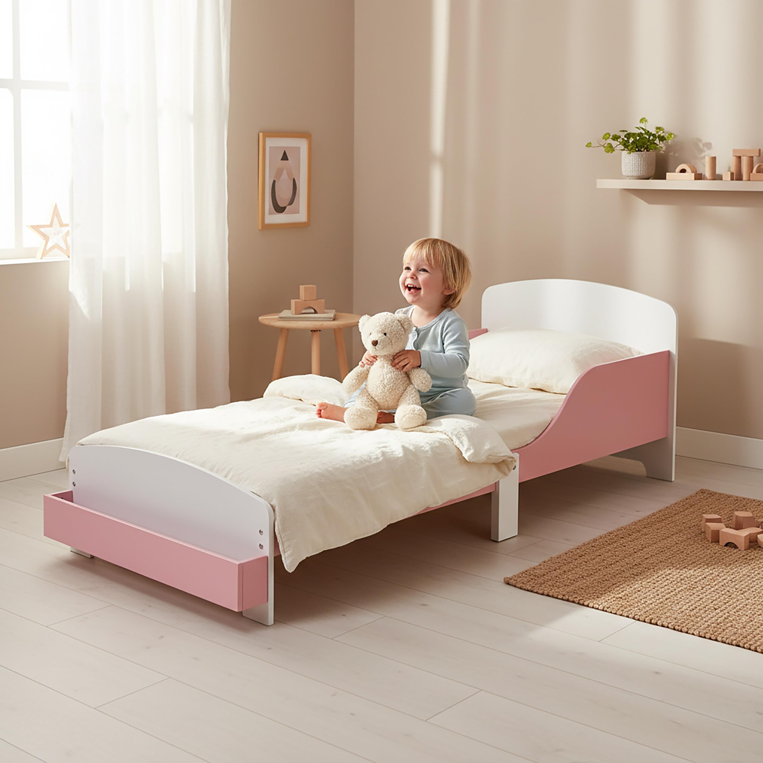 Relaxdays Lettino per Bambini 70x140 cm con sponde Anti-Caduta, Rete a doghe, ripiano, MDF, Rosa/Bianco