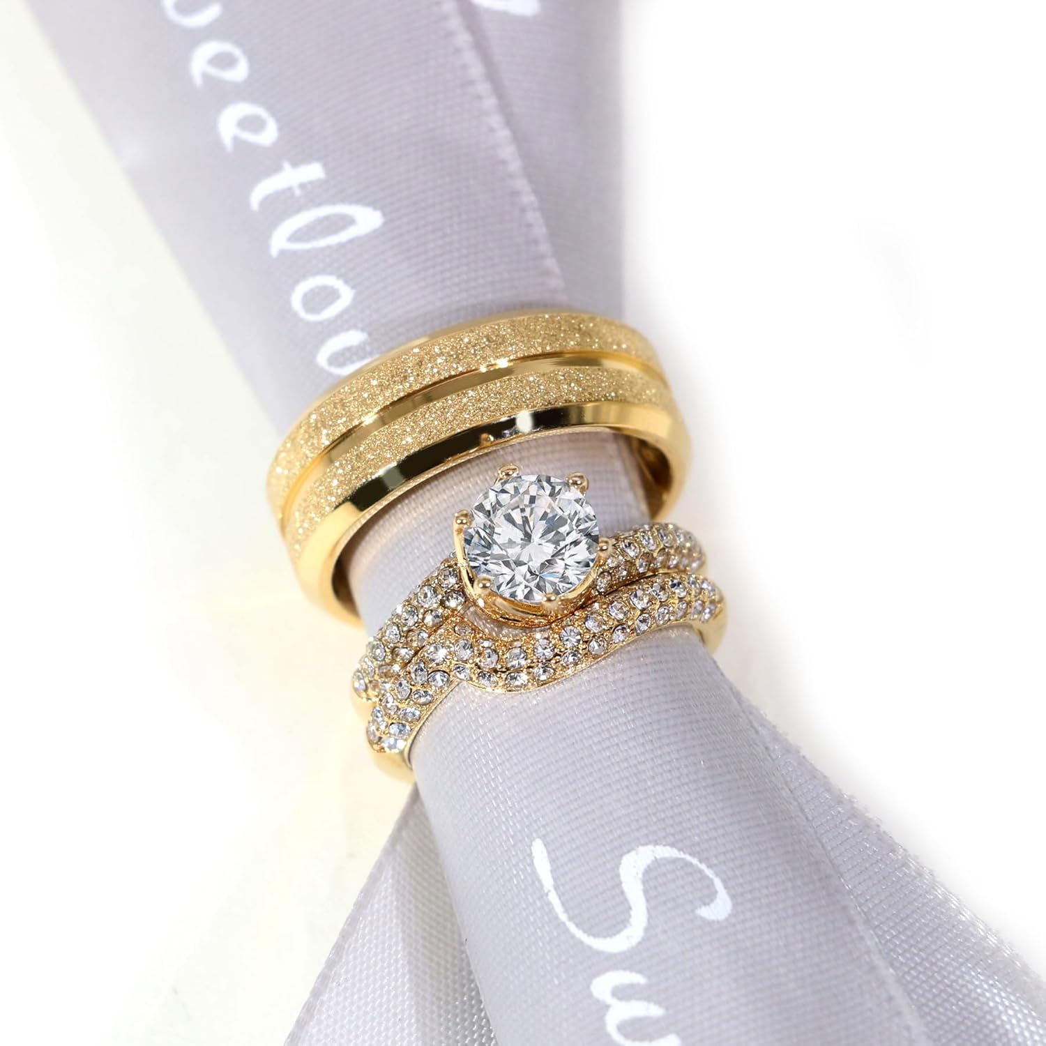 Couple Rings Yellow Gold Plated 1CT Round AAA CZ Wedding Ring Set for Him and Her Matching Rings