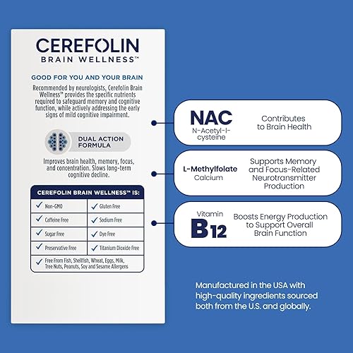 Miniatura 3 de Bienestar cerebral, nutrición dirigida para apoyo cognitivo, mejora la memoria, enfoque y concentración, L-metilfolato, NAC, B12, recomendado por