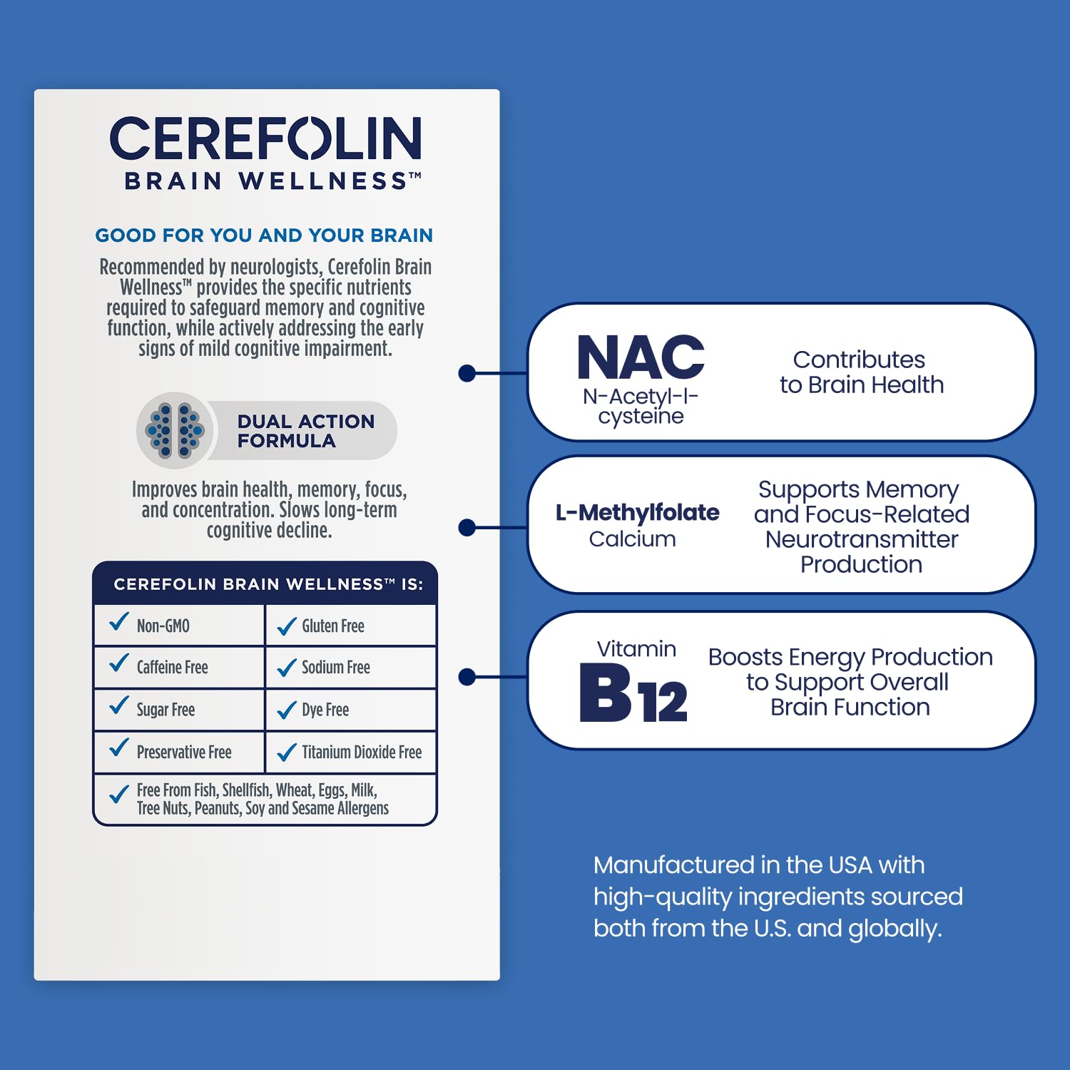 Cerefolin Benessere del cervello, nutrizione mirata per il supporto cognitivo, migliora la memoria, la concentrazione e la concentrazione, L-metilfolato, NAC, B12, consigliato dai neurologhi (30 pezzi