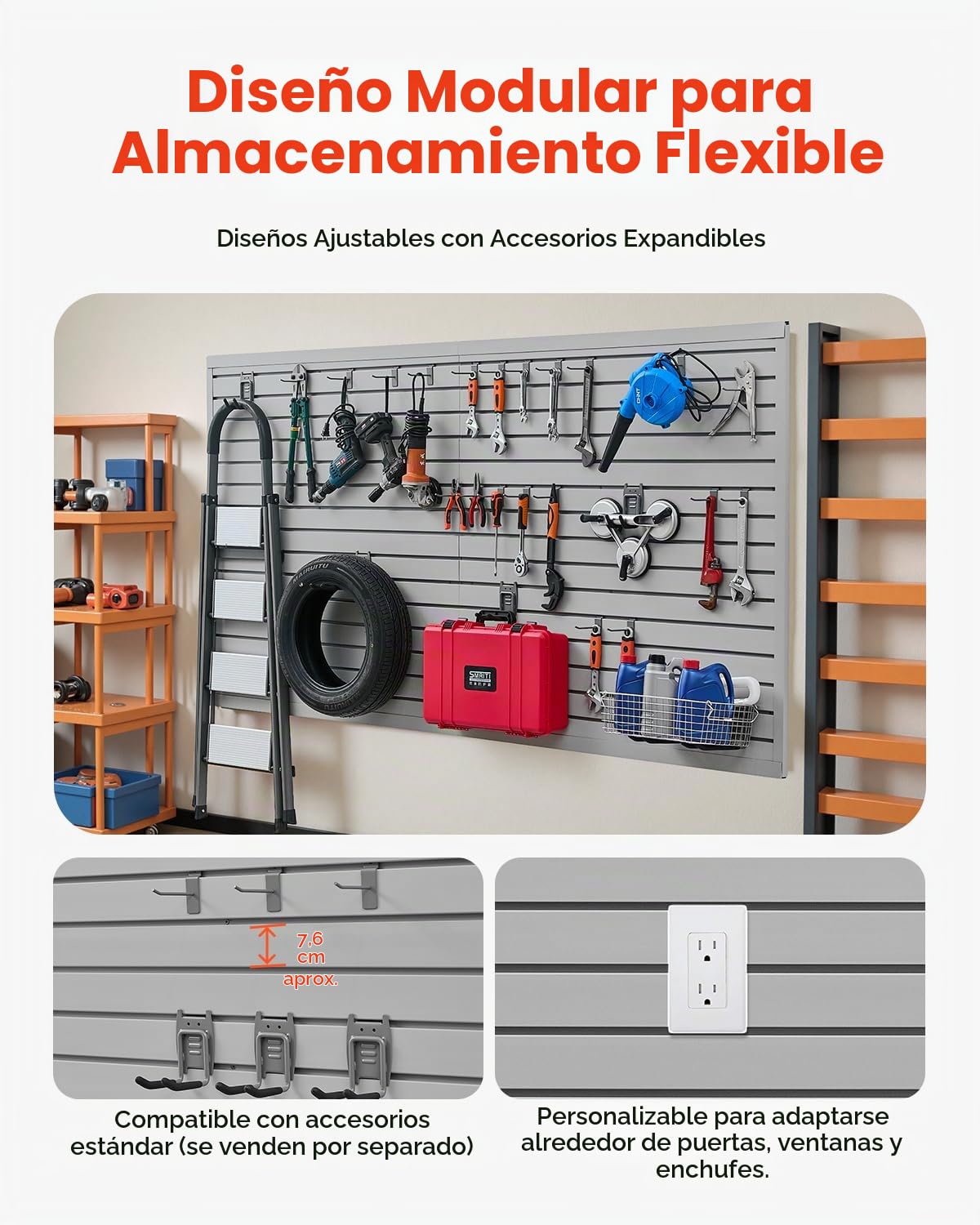 VEVOR Paneles de Pared de Listones de PVC 1225 x 2450 x 20 mm para Garaje con Accesorios, Panel de Listones Ajustable con Estructura de Acoplamiento y Corte para Almacenamiento y Exhibición, Gris