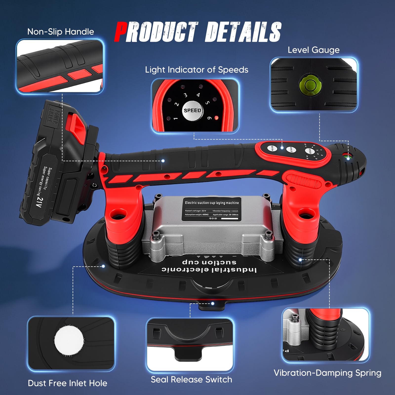 2 en 1 Herramienta de vibración para azulejos sin cables, ventosa potente y 6 velocidades ajustables, 2 baterías de 2500 mAh, 24000 RPM, para instalar azulejos, mármol, vidrio y madera