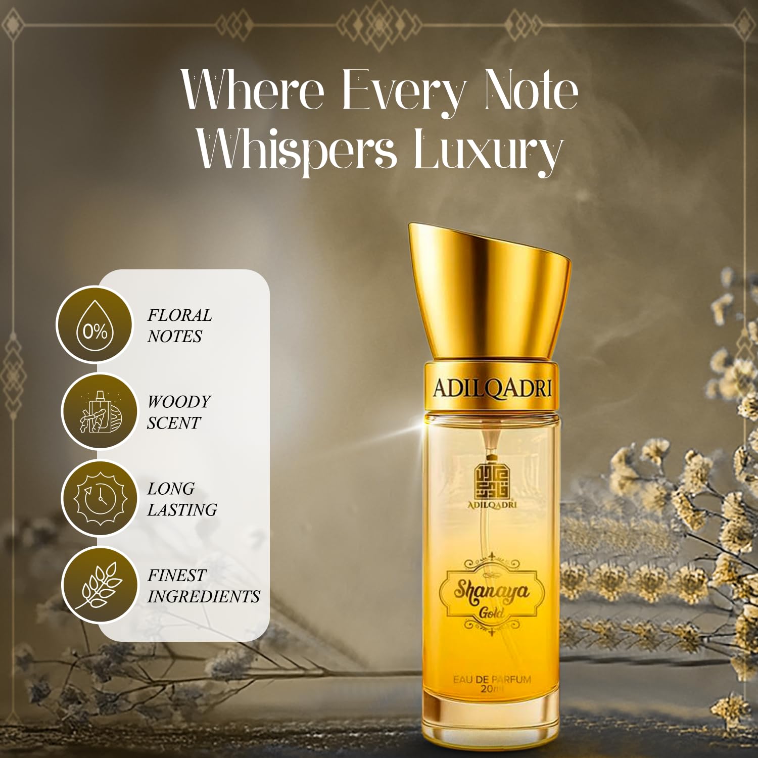 Adilqadri Shanaya Gold Gourmand Perfume for Men & Women | Long-Lasting Arabic & Woody Scent | Eau de Parfum with Spicy, Floral, Vanilla & Woody Notes | Ideal & Special Occasions | 20 ML 2