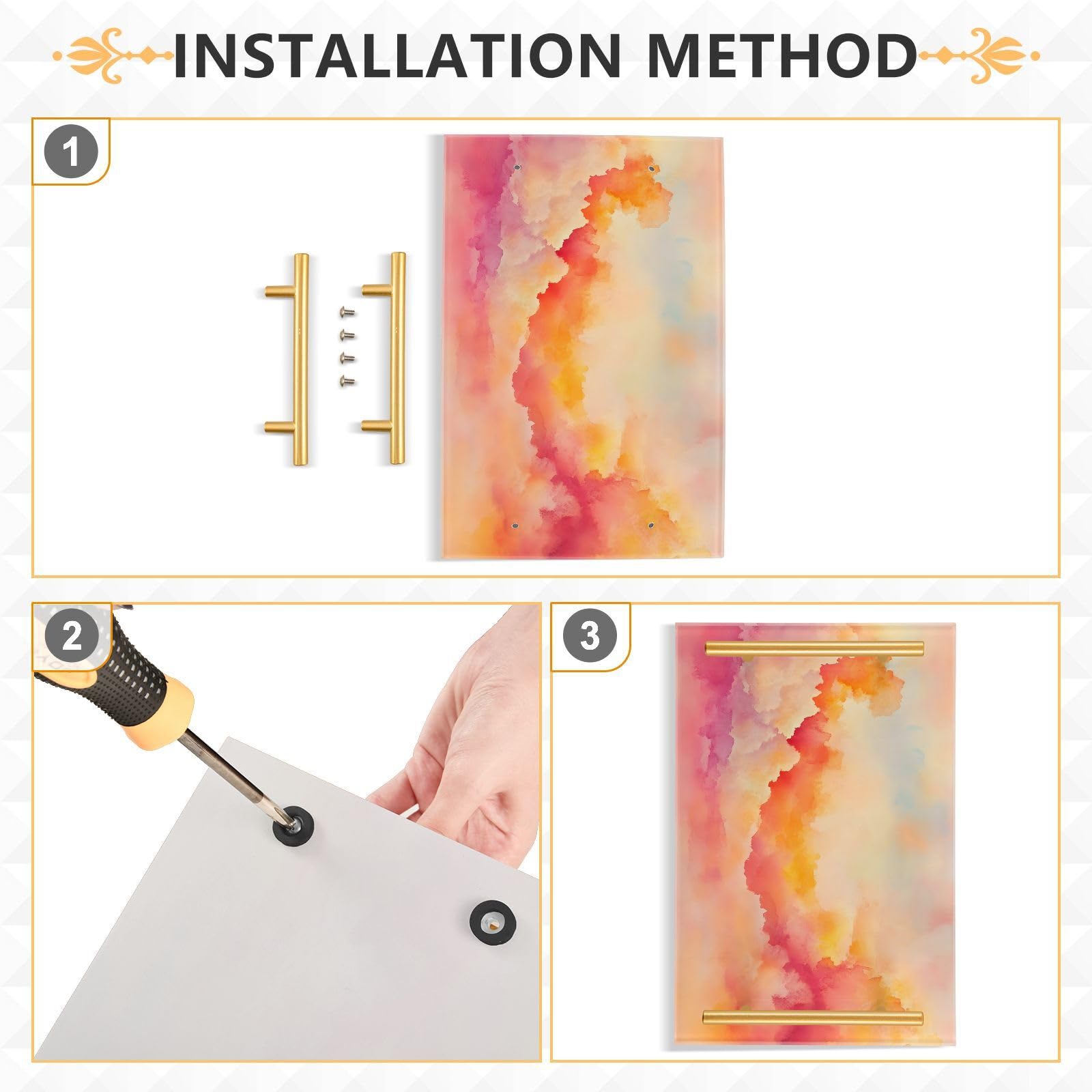 GUIJI Peach Color Background Acrylic Tray, Perfume Cosmetic Jewelry Decorative Trays Bathtub Organizer, Living Room Kitchen Serving Tray with Gold Handles