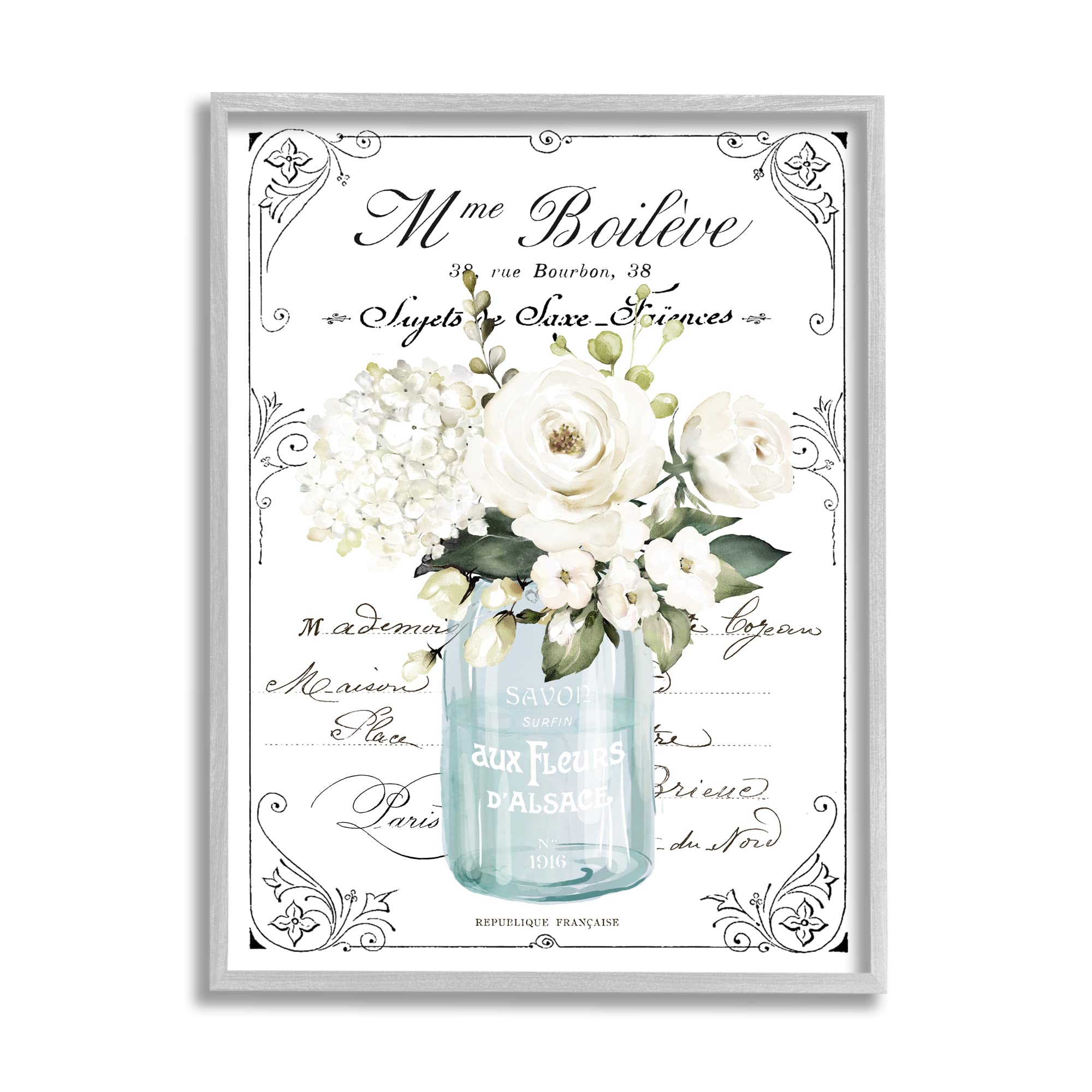 Stupell Industries Vintage Parisian Floral Bouquet White Farmhouse Flowers Grey Framed Wall Art