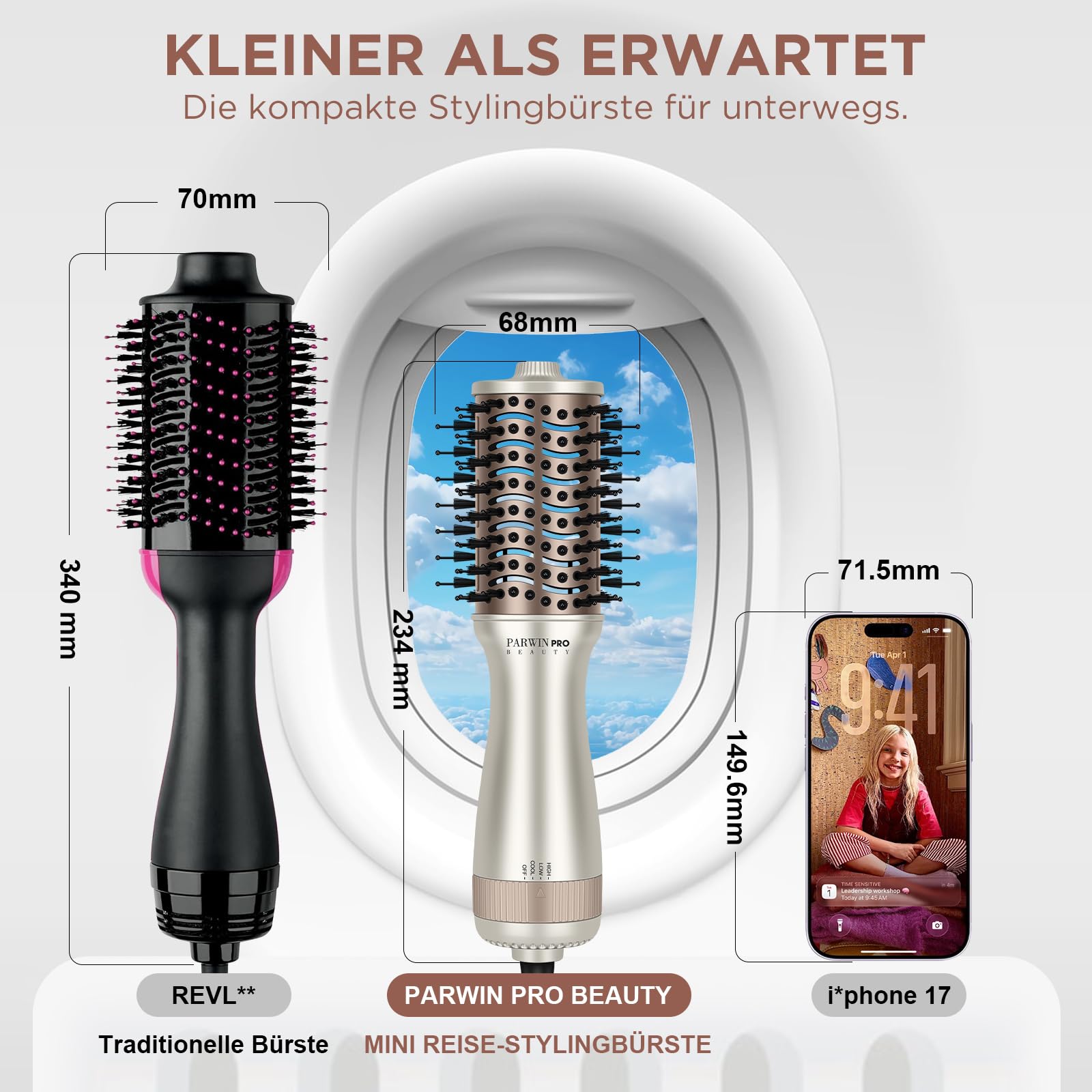 PARWIN PRO BEAUTY Mini szczotka podróżna do gorącego powietrza, owalna szczotka z podwójnym napięciem, automatyczna, 110-240 V, bez ręcznej zmiany, technologia jonowa, 3 temperatury, wtyczka EU i