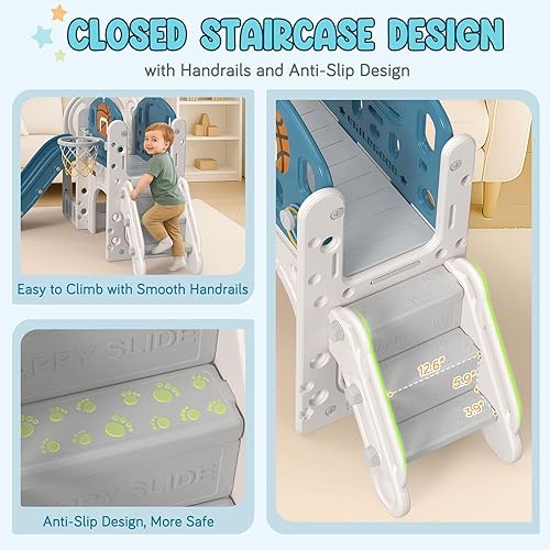 Miniatura 2 de BIERUM Tobogán para bebé - Juego 9 en 1 para niños pequeños de 1 a 3 años con lanzamiento de anillo, aro de baloncesto, juego para interiores y