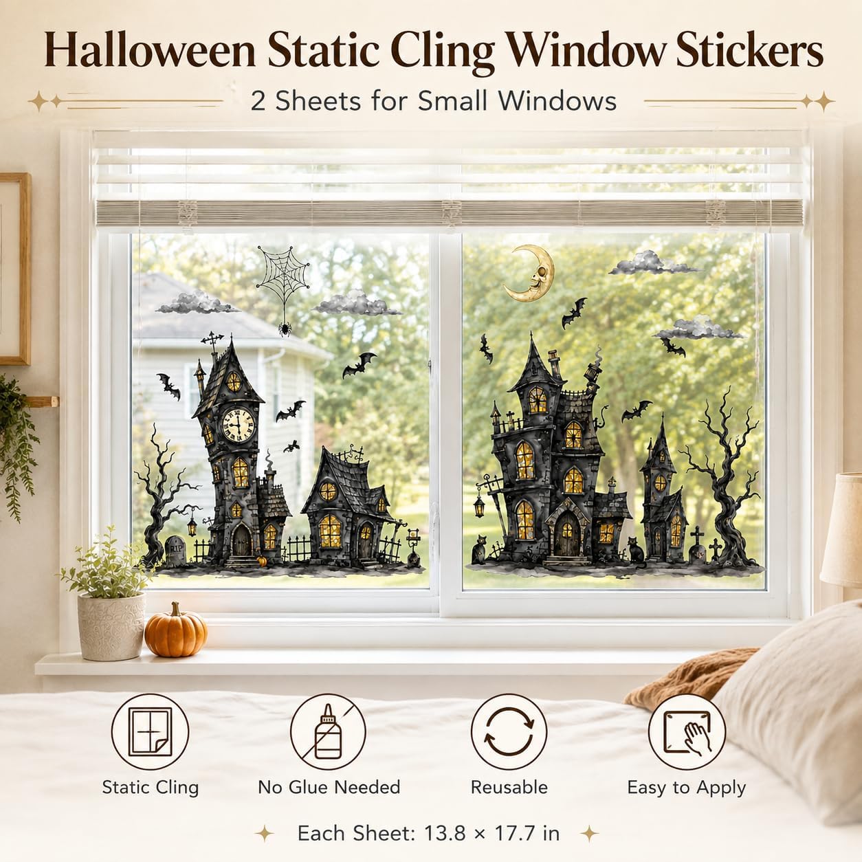 Halloween Haunted Castle Static Window Clings, Watercolor Gothic House Bat PVC Window Stickers, Reusable Static Decals for Window Home Decor image 5