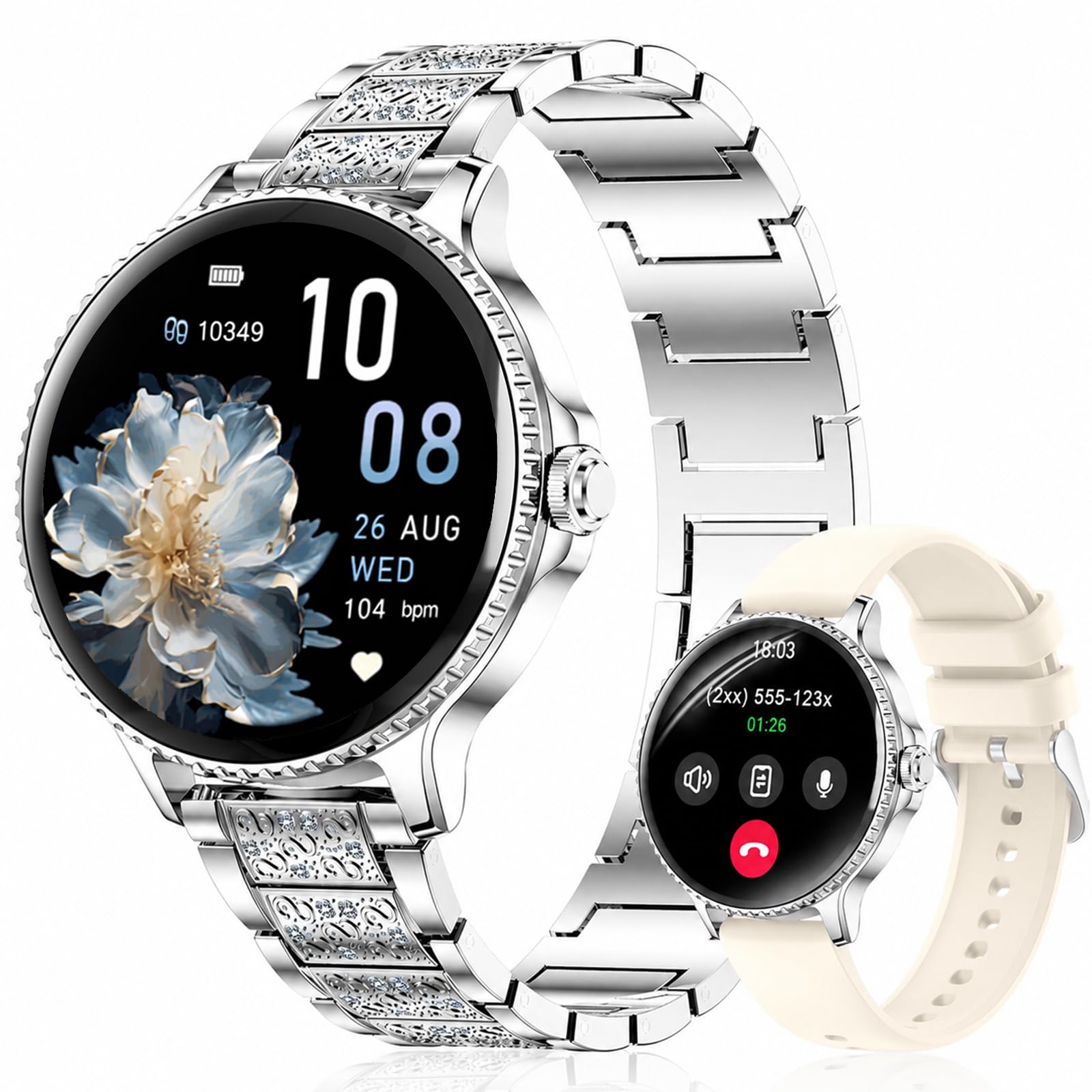 Montre Connectée Femme Ronde avec Appel Bluetooth, 1,27" Smartwatch Femme avec Bracelet en Acier avec Strass, SpO2 Fréquence Cardiaque Sommeil, 120+ Modes Sport, Étanche IP68 pour Android iOS, Argent
