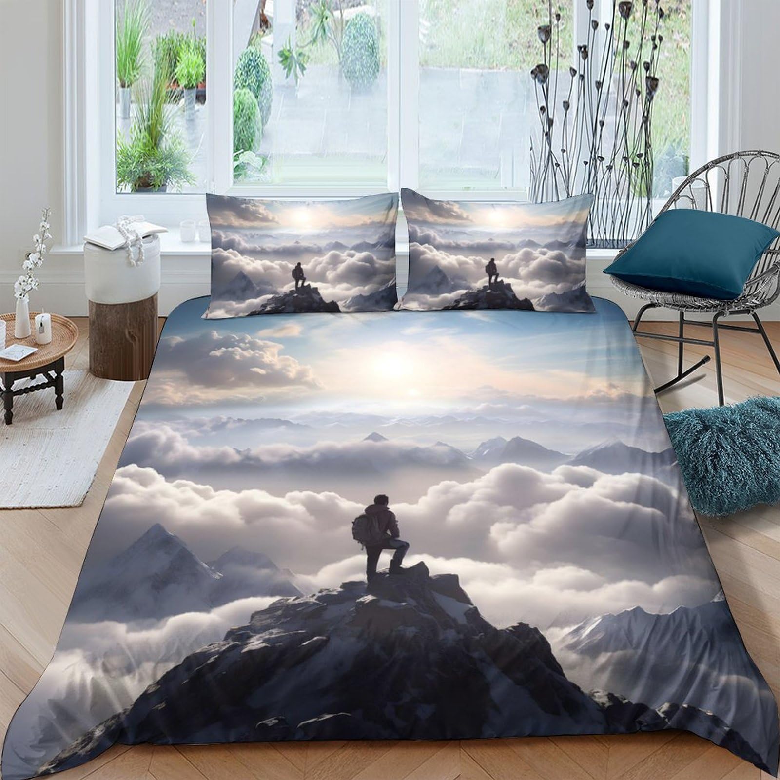 Ctjqhvkz Style-2 3D Printed Mountain Cloud Fitted Sheet Microfiber Scenic Sunrise Mattress Cover Anti-Slip Easy Care For Bedroom Guest Room Single（135X200cm）