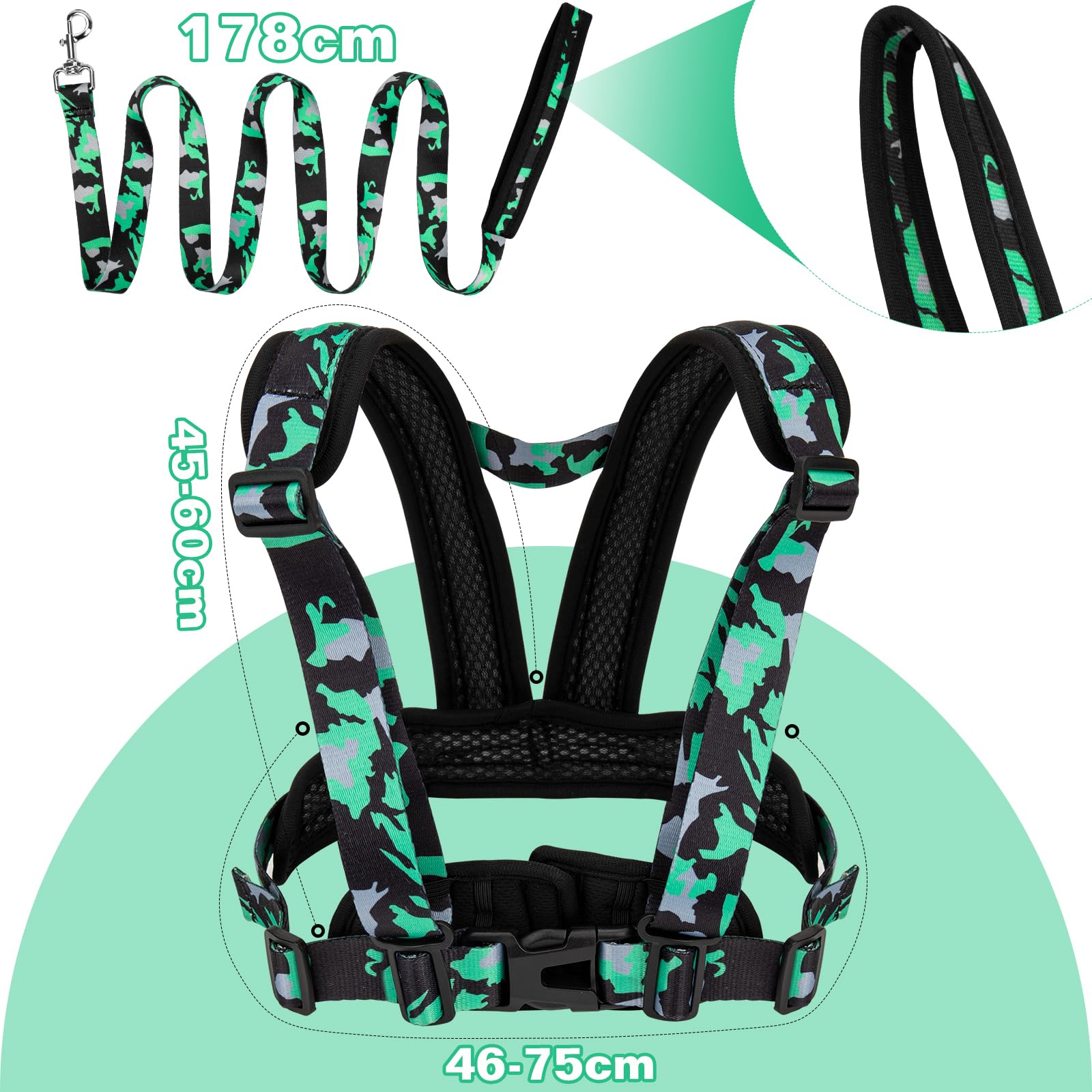 TAOPE Safety Walking Harness & Reins, Adjustable Harness for Children Playing Parent-Child Activities, Outdoor Sports Running - Green - Image 2