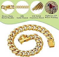 Vista 2 de Collares de perro de acero inoxidable plateado dorado con cierre de seguridad, collar de entrenamiento de eslabones cubanos de 18K, collar de perro