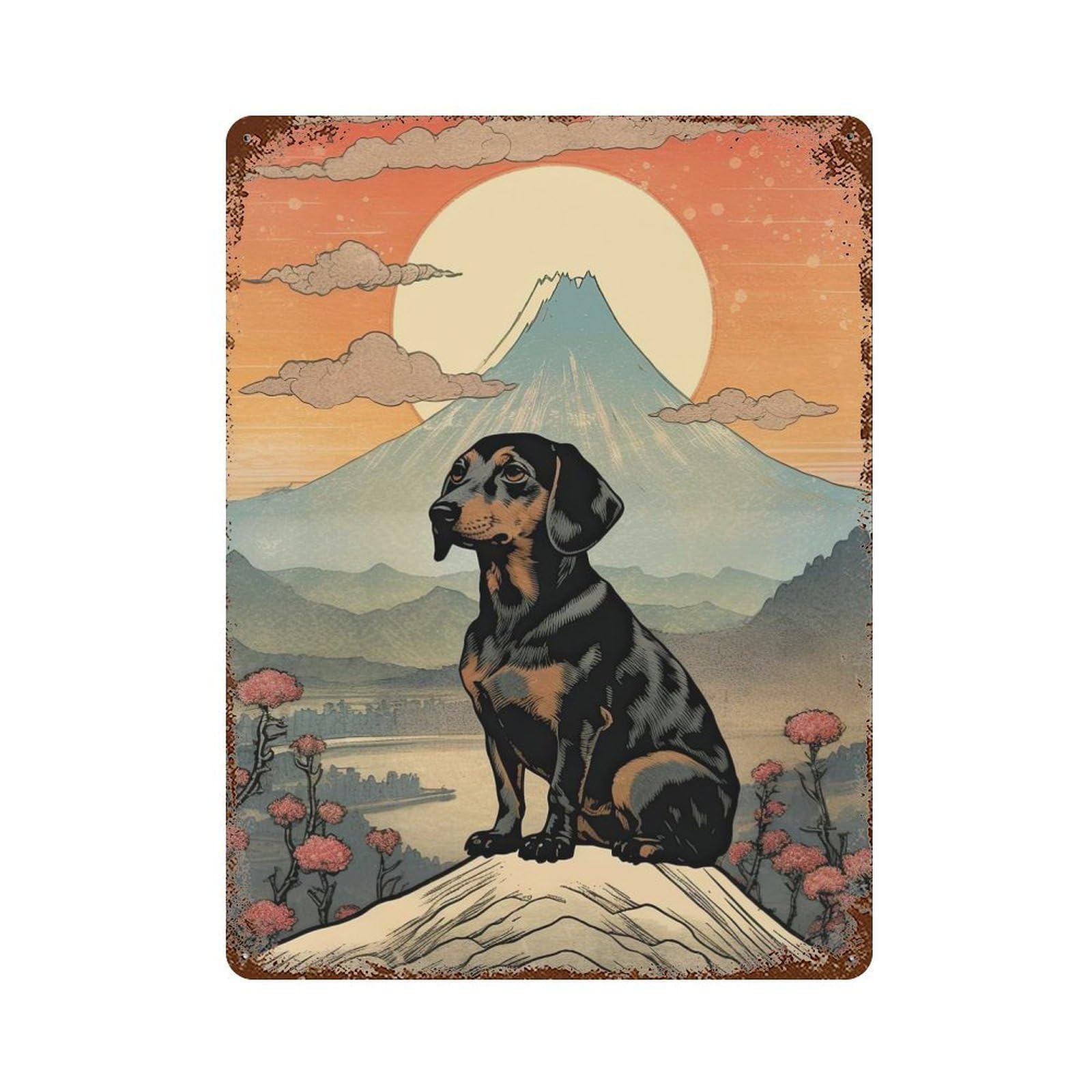 Rustic Tin Plaque Dachshund Mount Fuji 15.7"x11.8", Rustic Home Decor for Office, Studio And Wall Decor