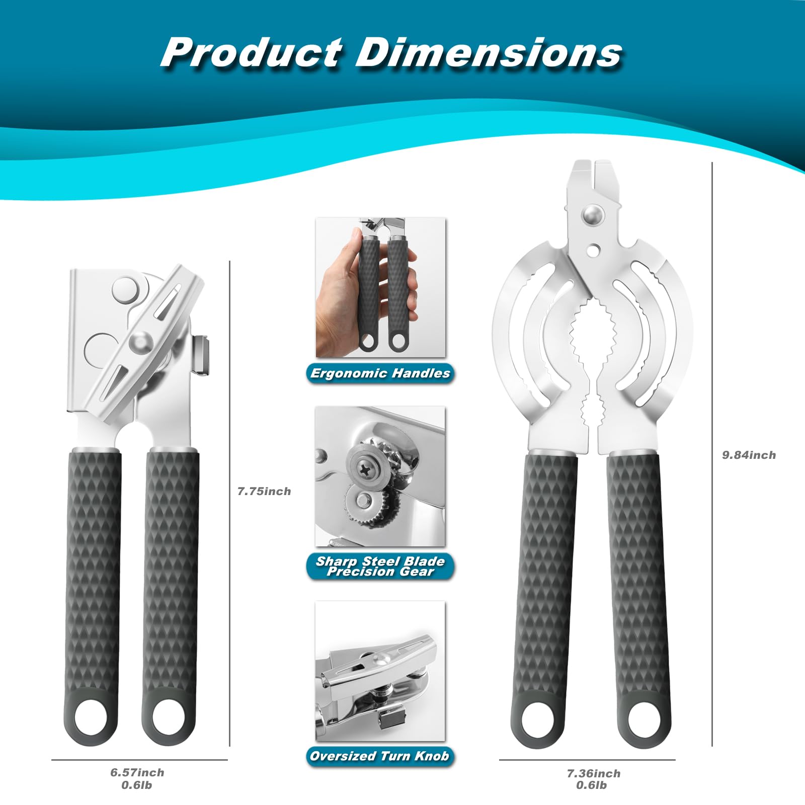 ISZW Abrelatas manual, manual de mano, corte de borde suave, abrelatas resistente, abrelatas manuales con mango suave de silicona, perilla fácil de girar, abridor de botellas multifunción (gris, 2