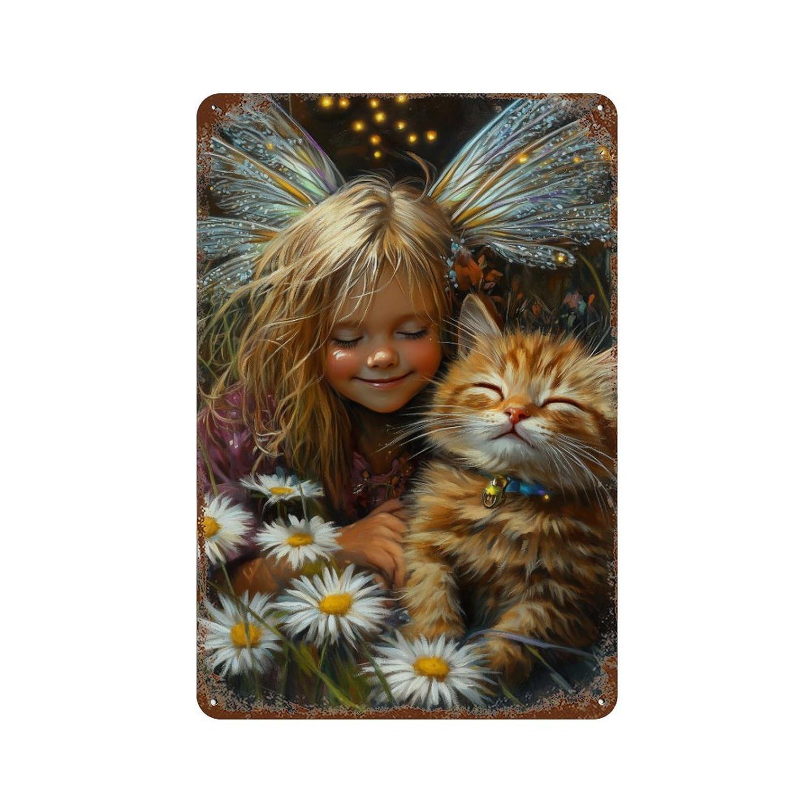 Fairy And Kitten in Daisy Field Weathered Tin Sign 11.8"x7.9", Industrial Home Decor for Basement, Hobby Room And Garage Decor
